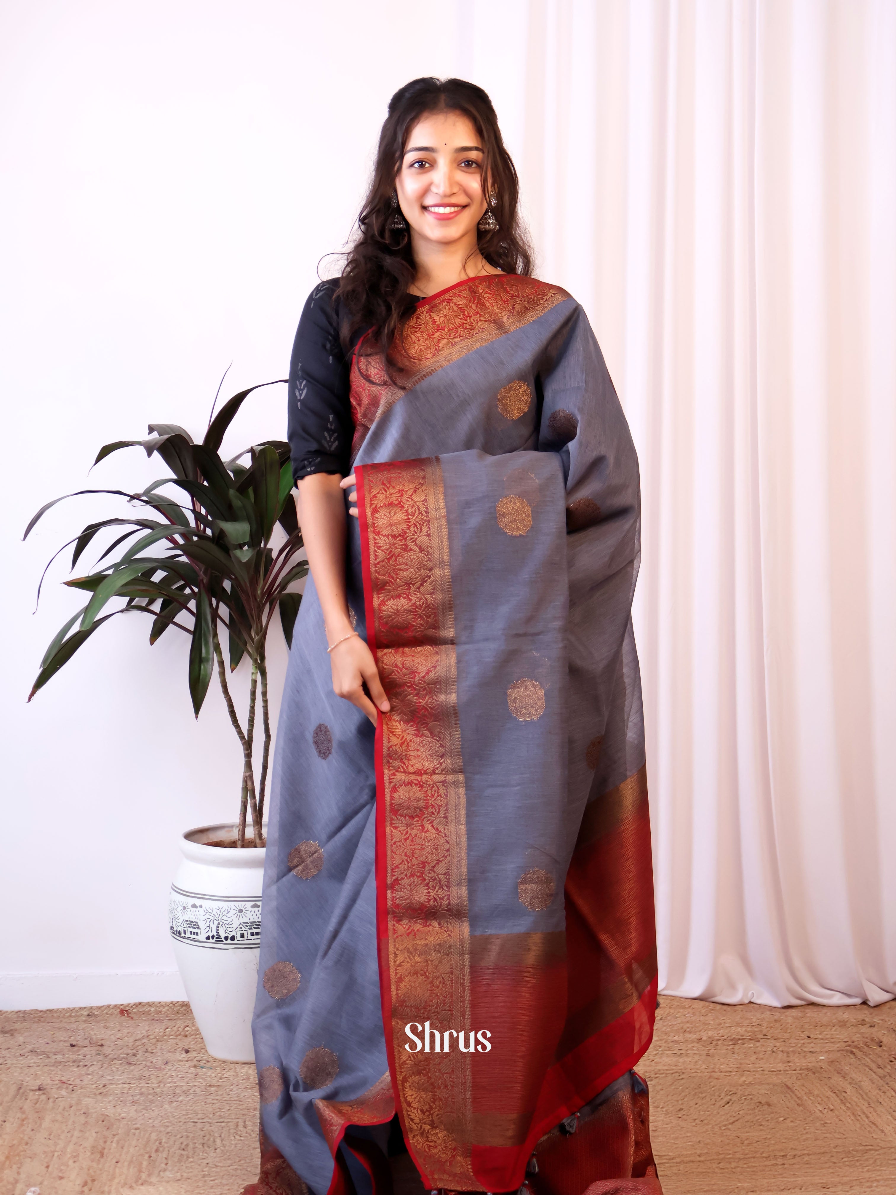 Grey & Maroon- Semi Jute Saree - Shop on Shrus.com