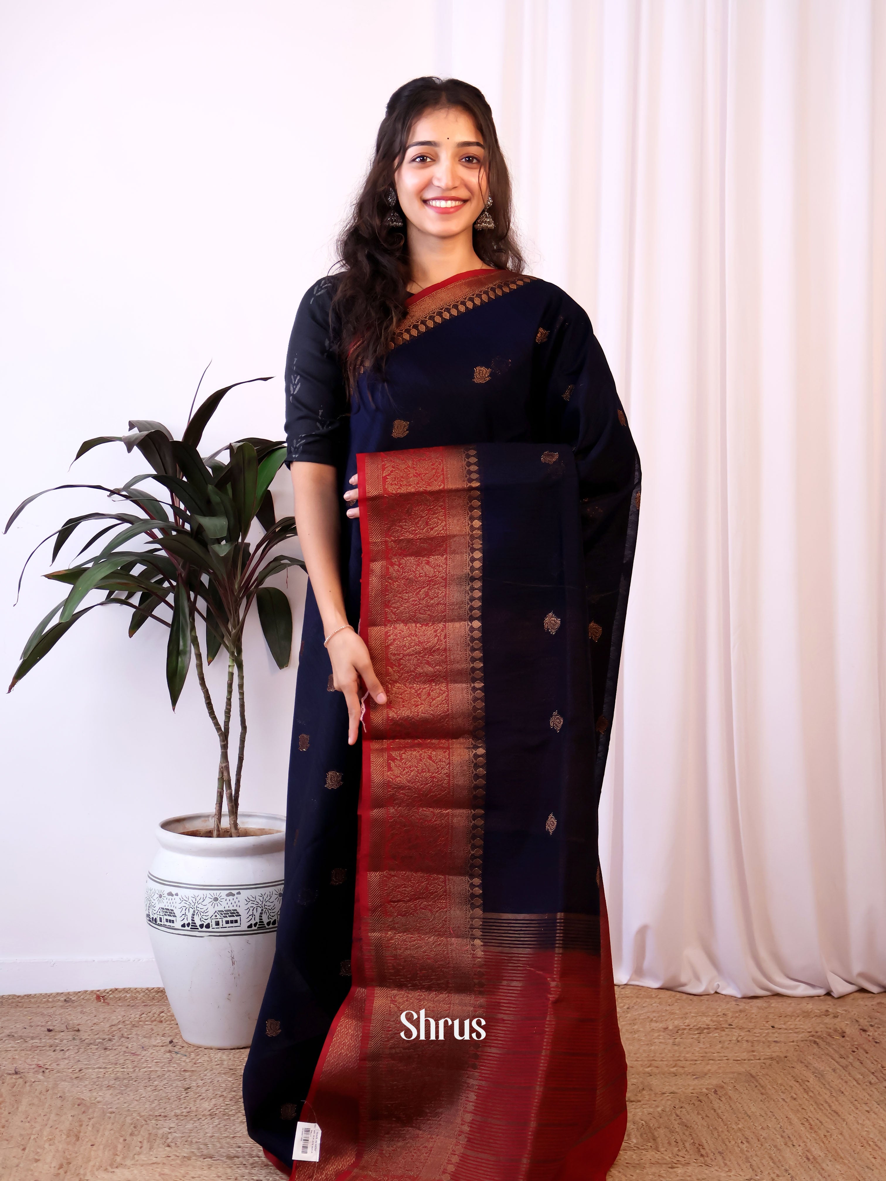 Blue & Maroon- Semi Jute Saree - Shop on Shrus.com