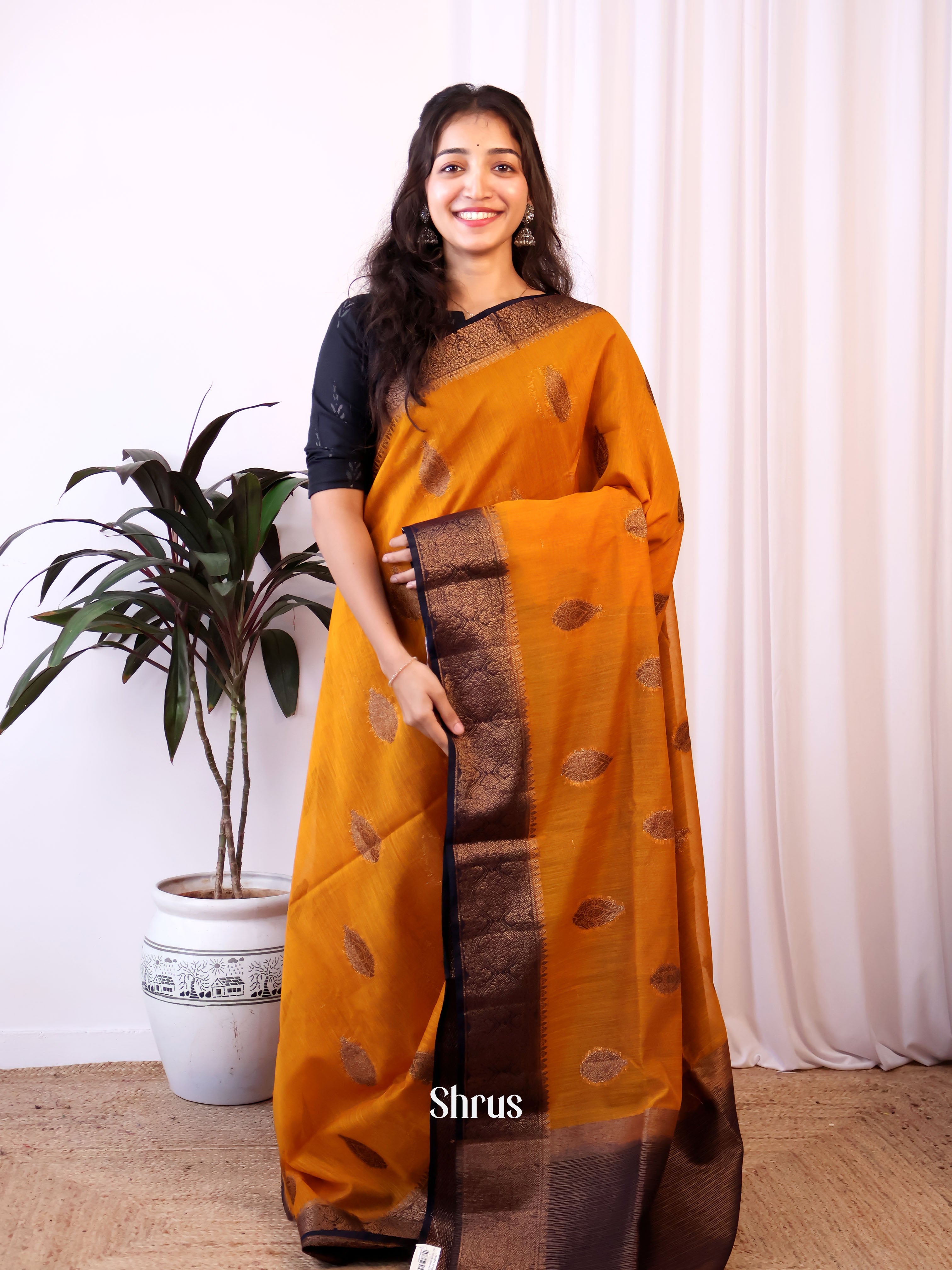 Orange & Blue- Semi Jute Saree - Shop on Shrus.com
