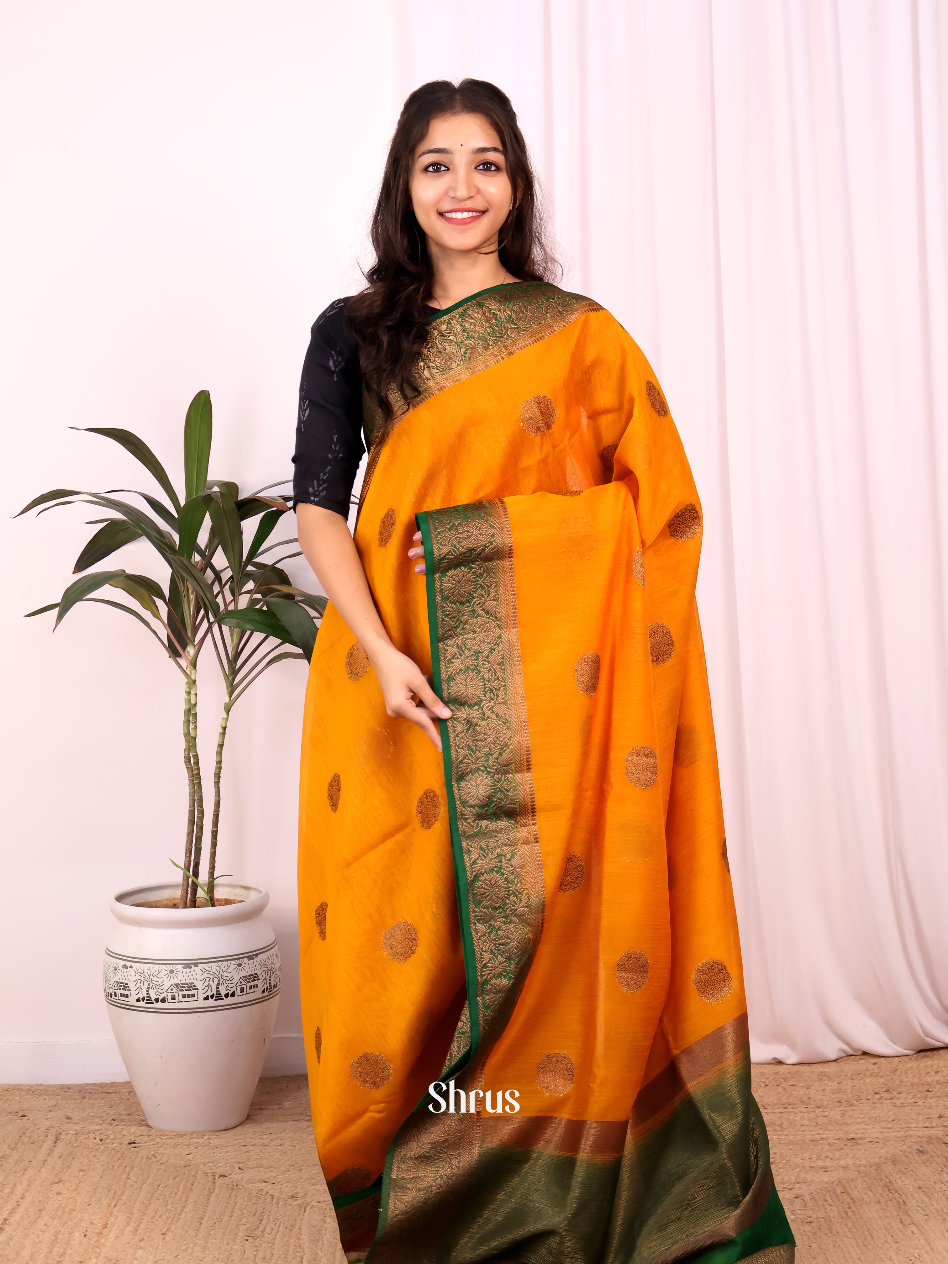 Mustard & Green - Semi Jute Saree - Shop on Shrus.com