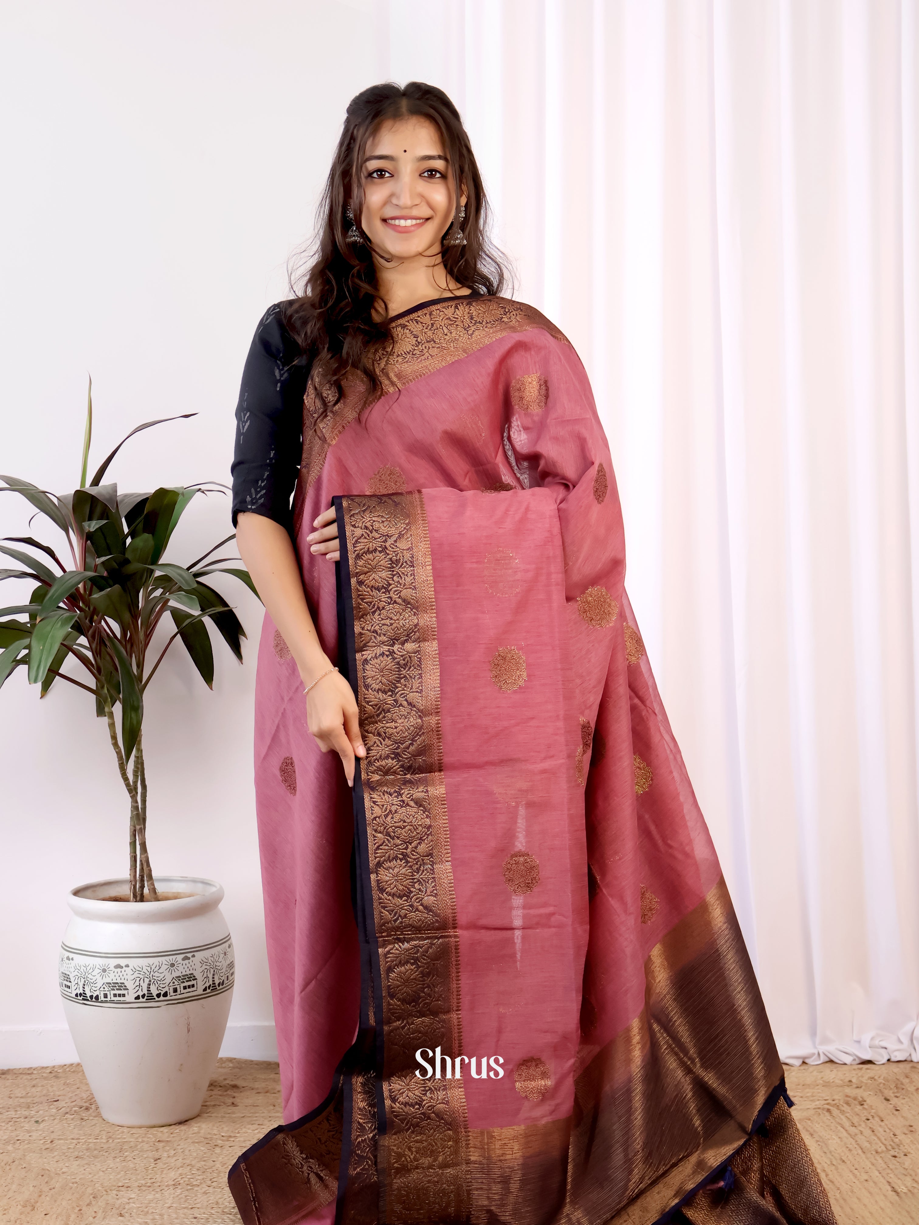 Lotus Pink & Blue - Semi Jute Saree - Shop on Shrus.com
