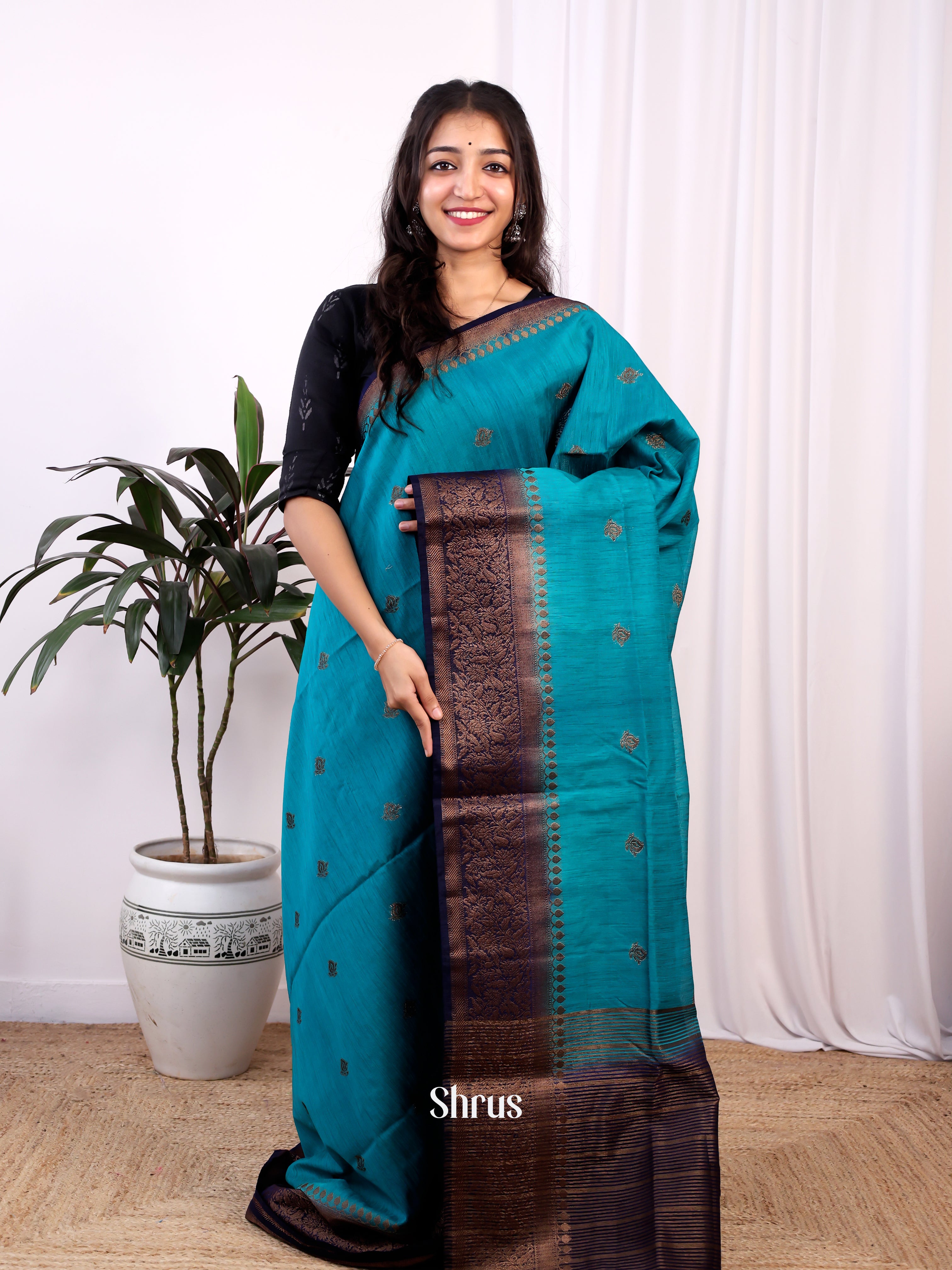 Blue & Navy Blue -Semi Jute Saree - Shop on Shrus.com
