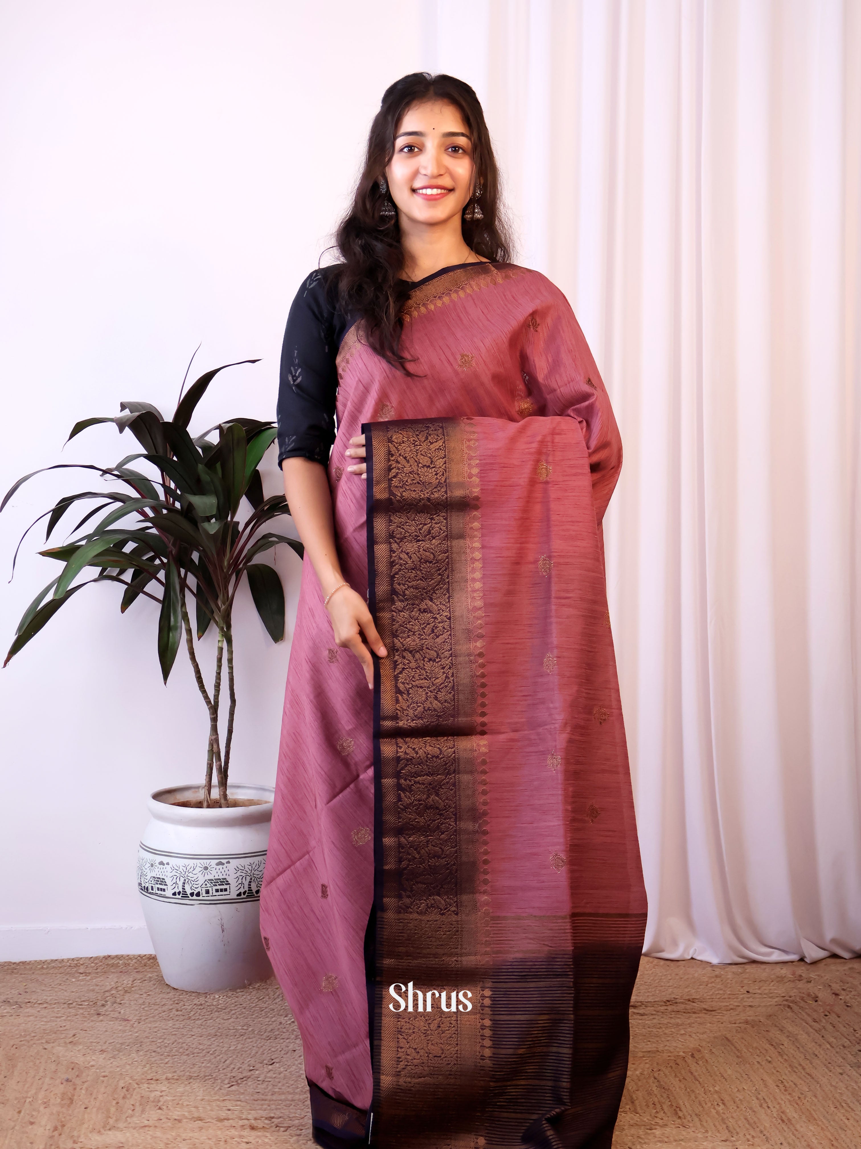 Pink & Blue - Semi Jute Saree - Shop on Shrus.com