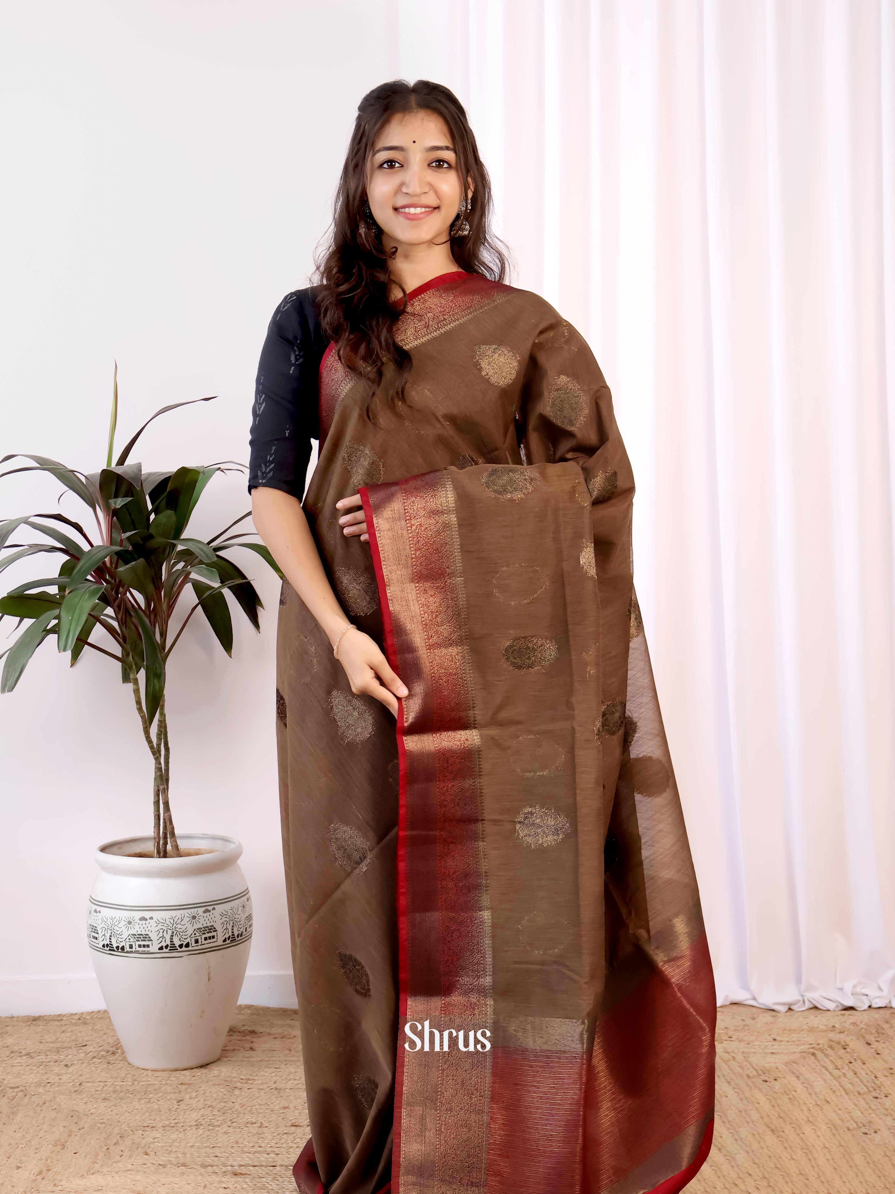 Brown & Maroon - Semi Jute Saree - Shop on Shrus.com