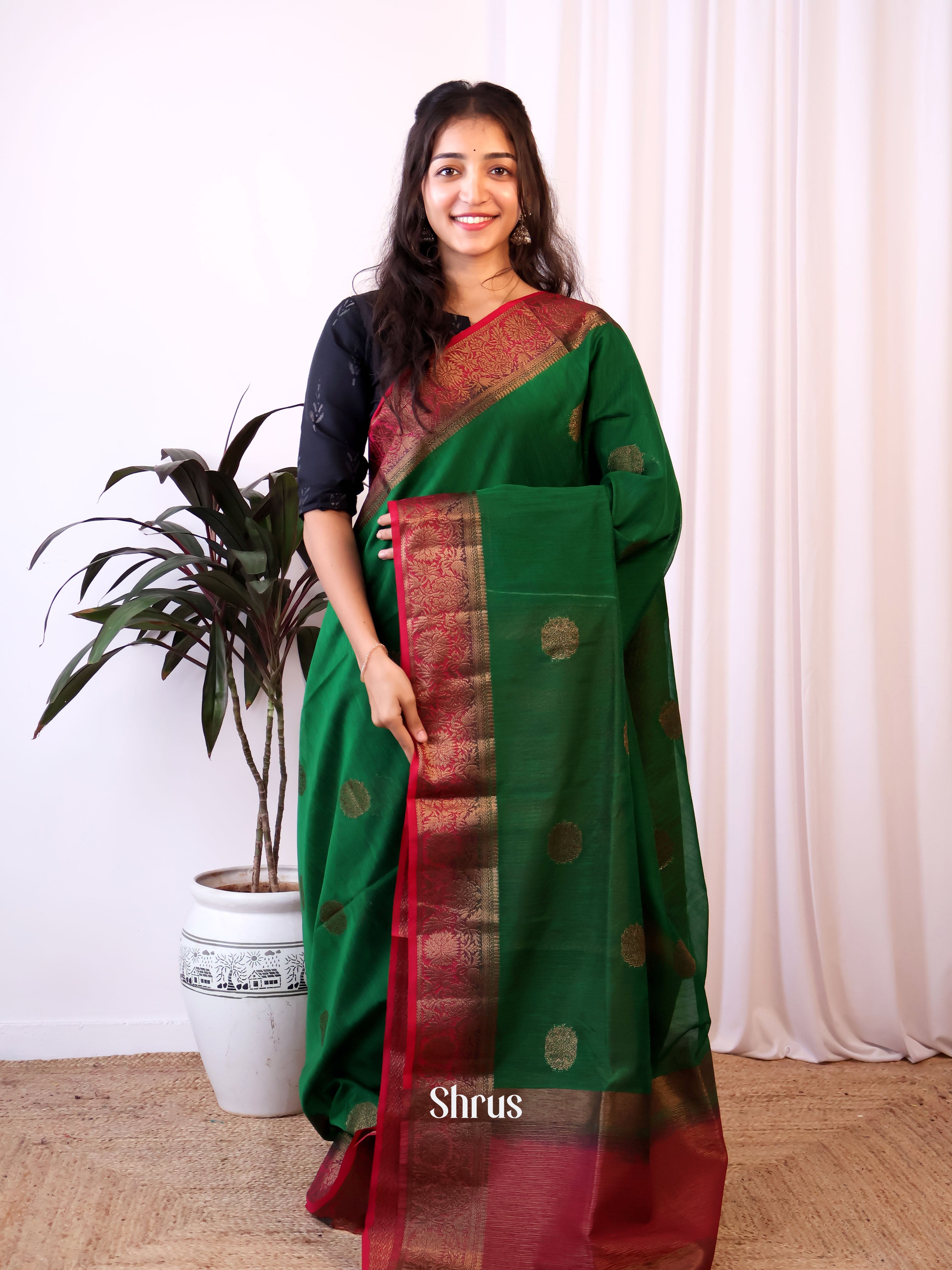 Green & Maroon - Semi Jute Saree - Shop on Shrus.com