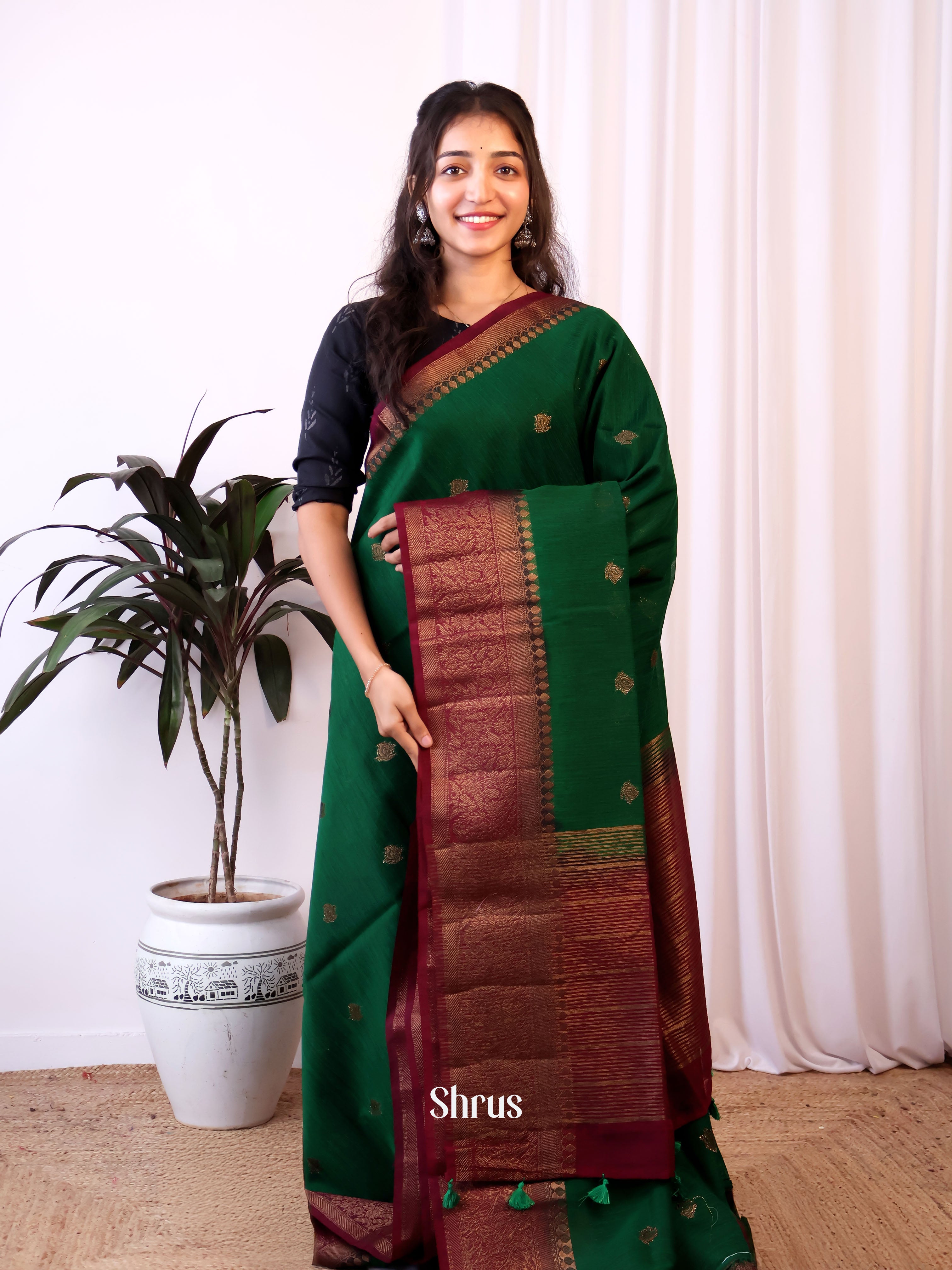Green & Maroon - Semi Jute Saree - Shop on Shrus.com