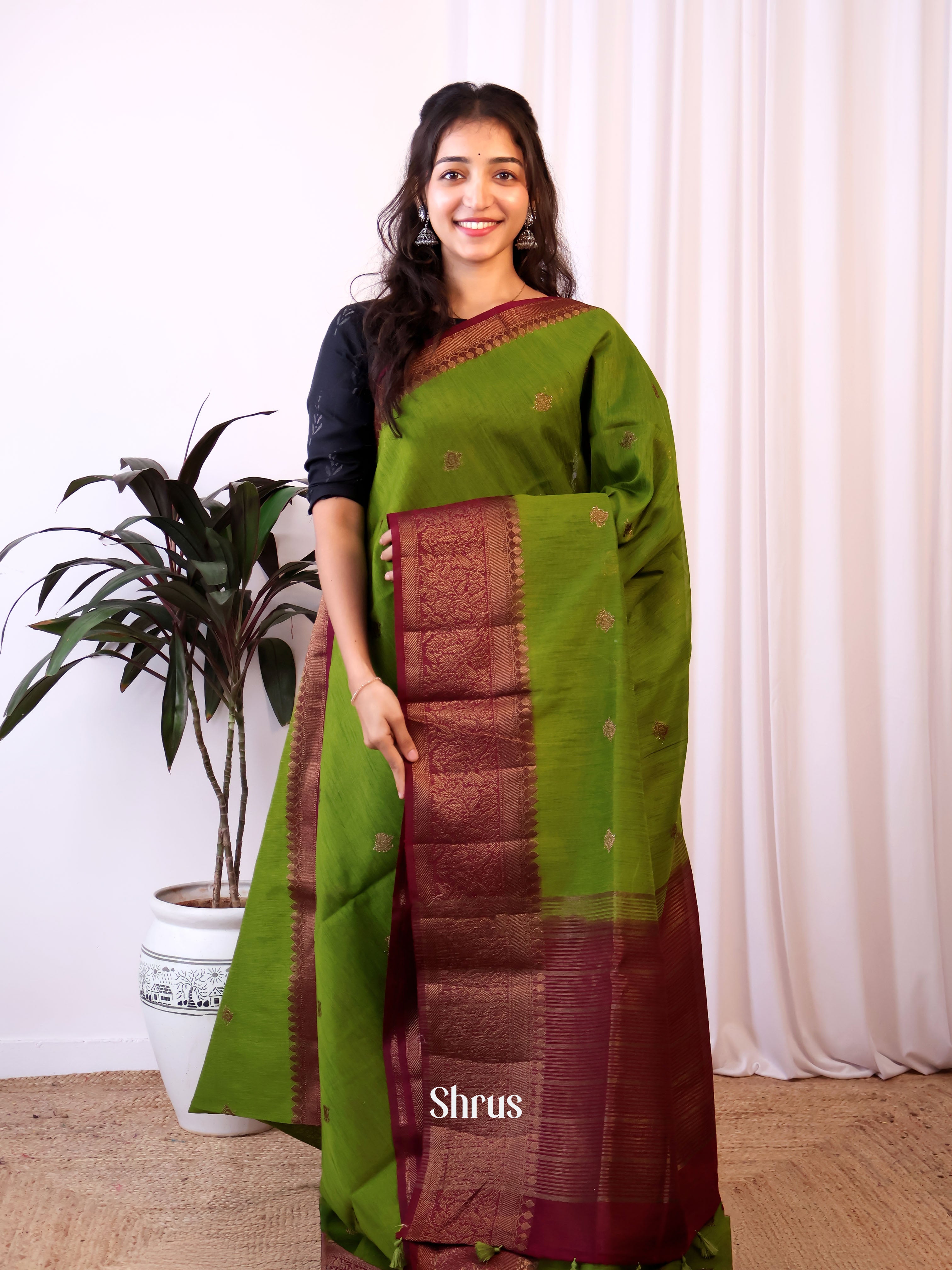 Green & Maroon - Semi Jute Saree - Shop on Shrus.com