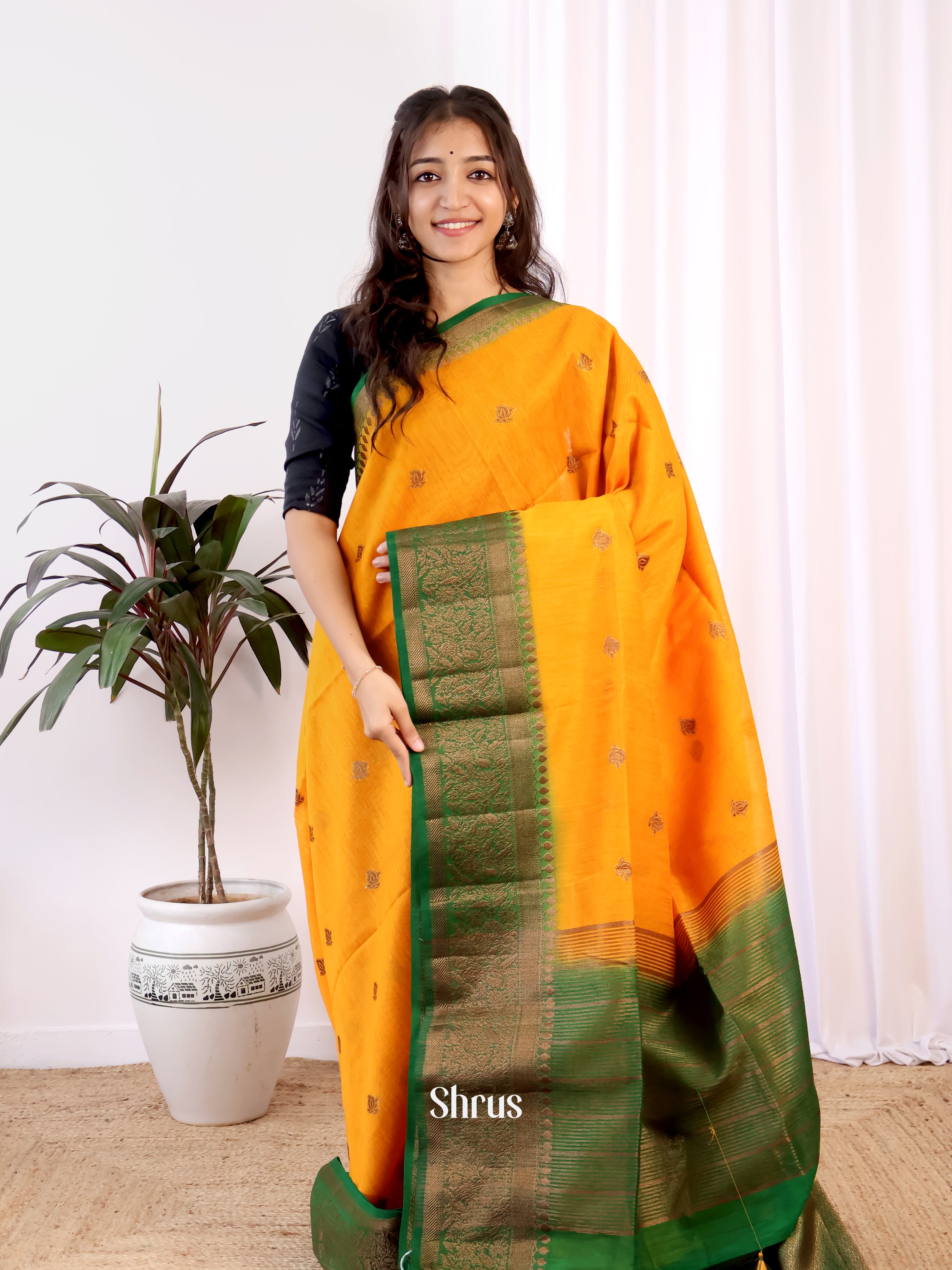 Mustard & Green - Semi Jute Saree - Shop on Shrus.com