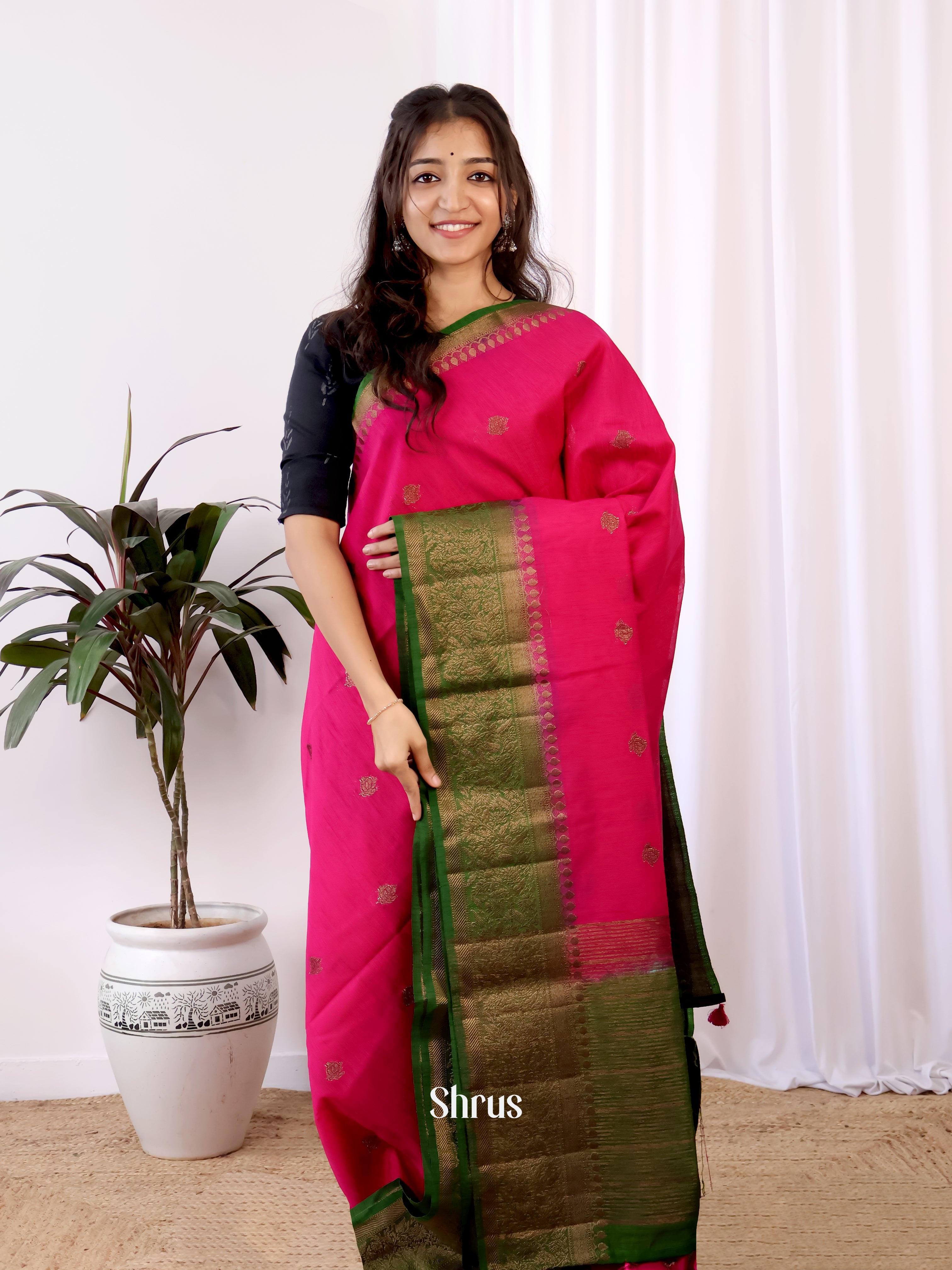 Pink & Green - Semi Jute Saree - Shop on Shrus.com