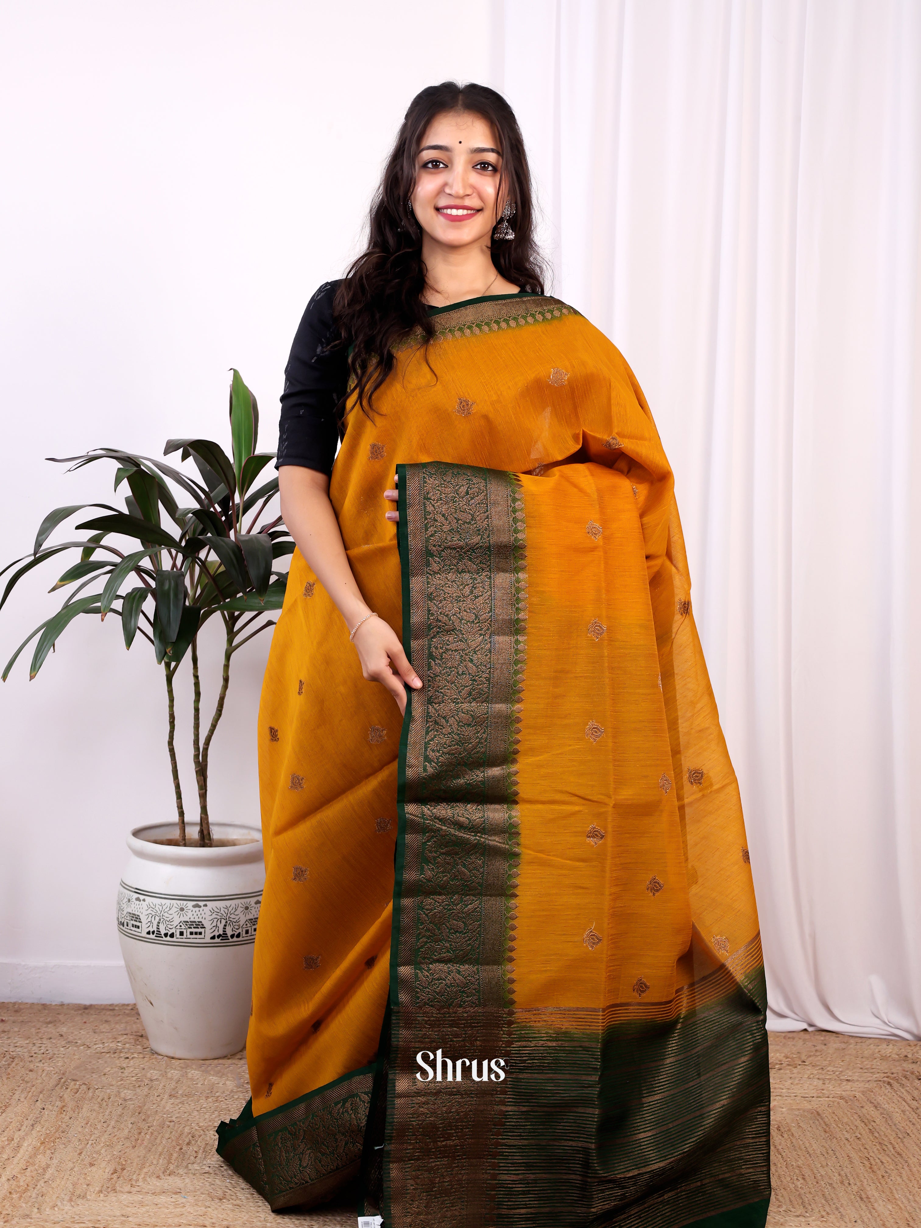 Mustard & Green -Semi Jute Saree - Shop on Shrus.com