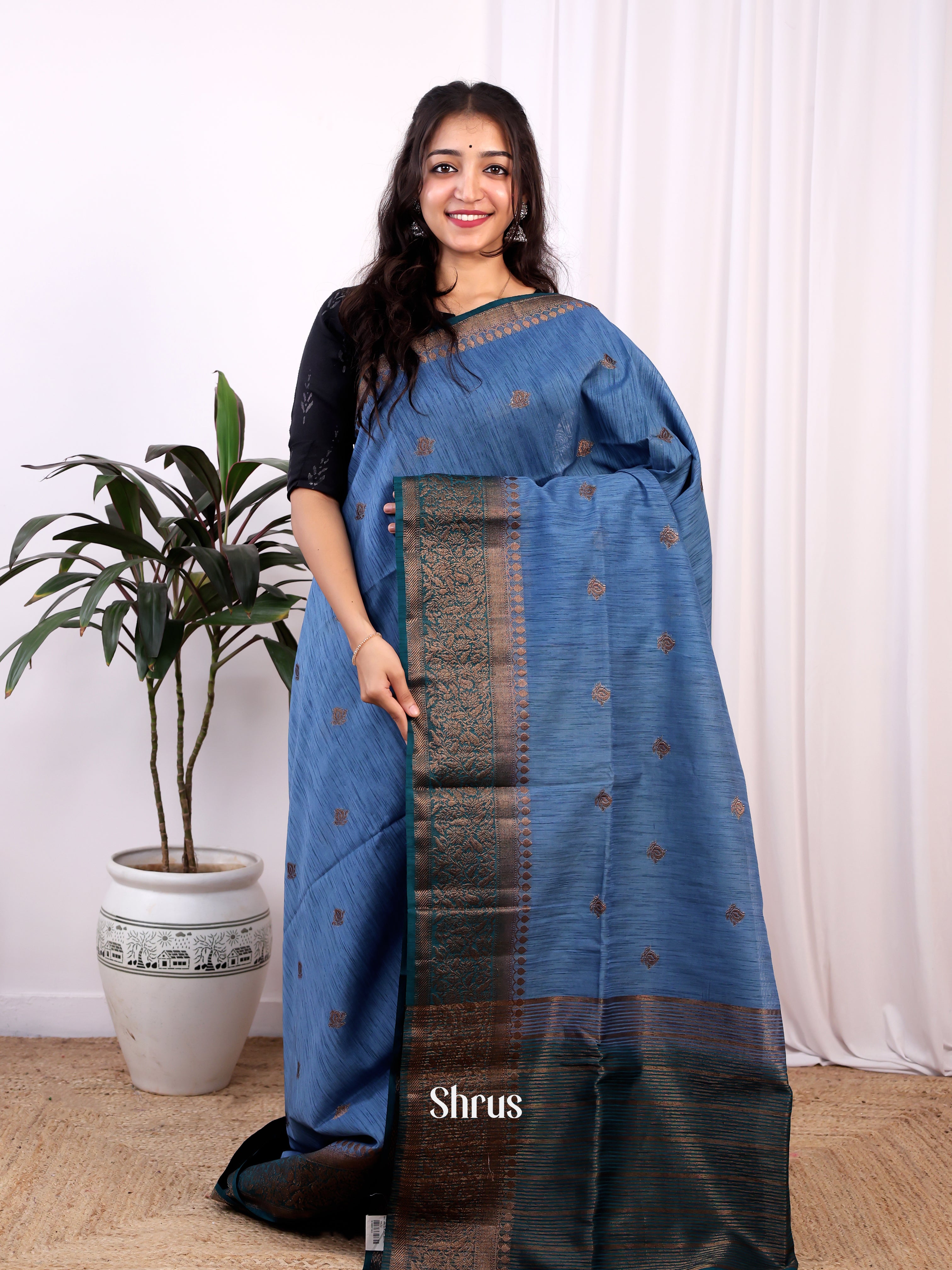 Blue & Green -Semi Jute Saree - Shop on Shrus.com
