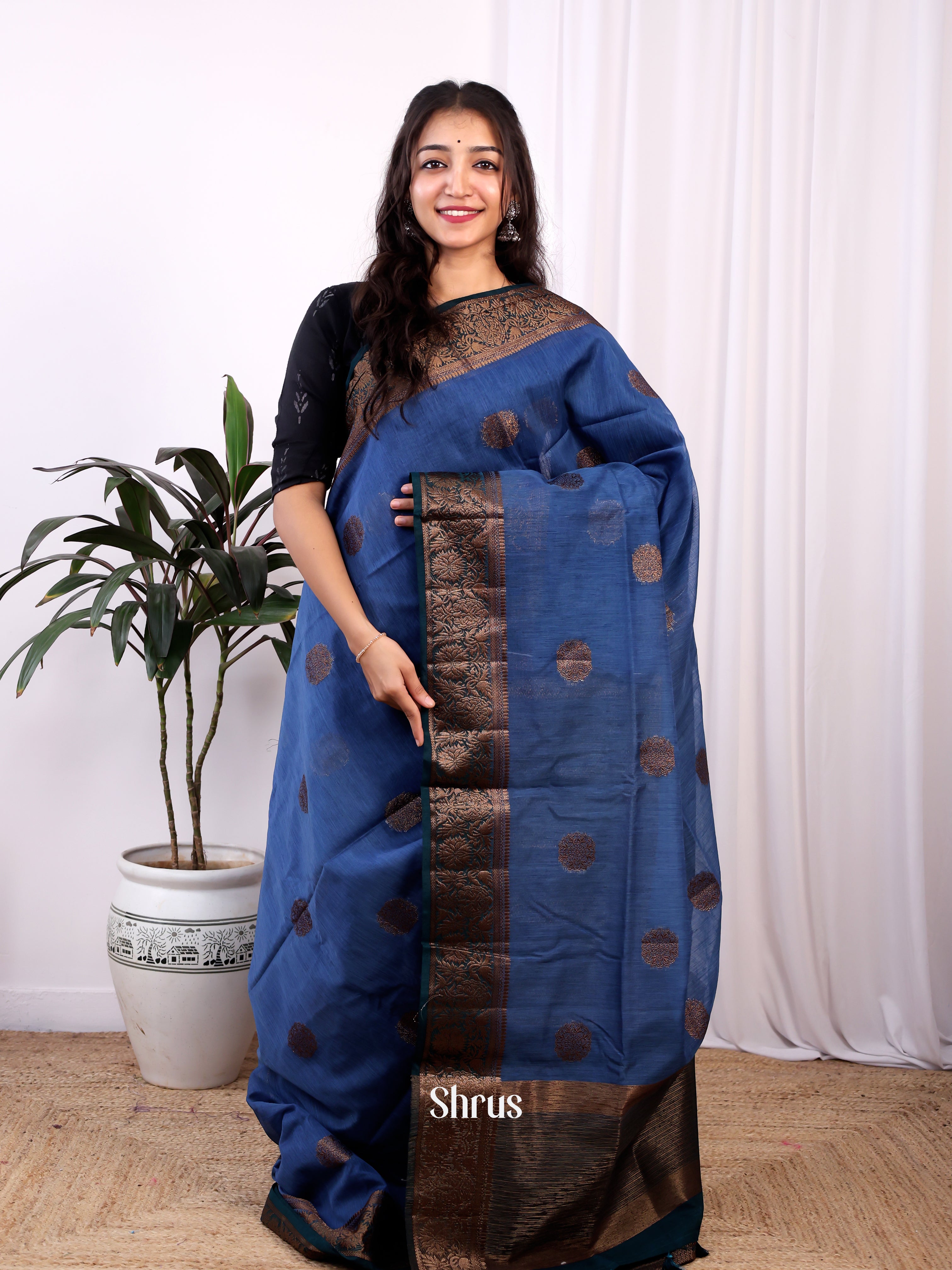 Blue -Semi Jute Saree - Shop on Shrus.com