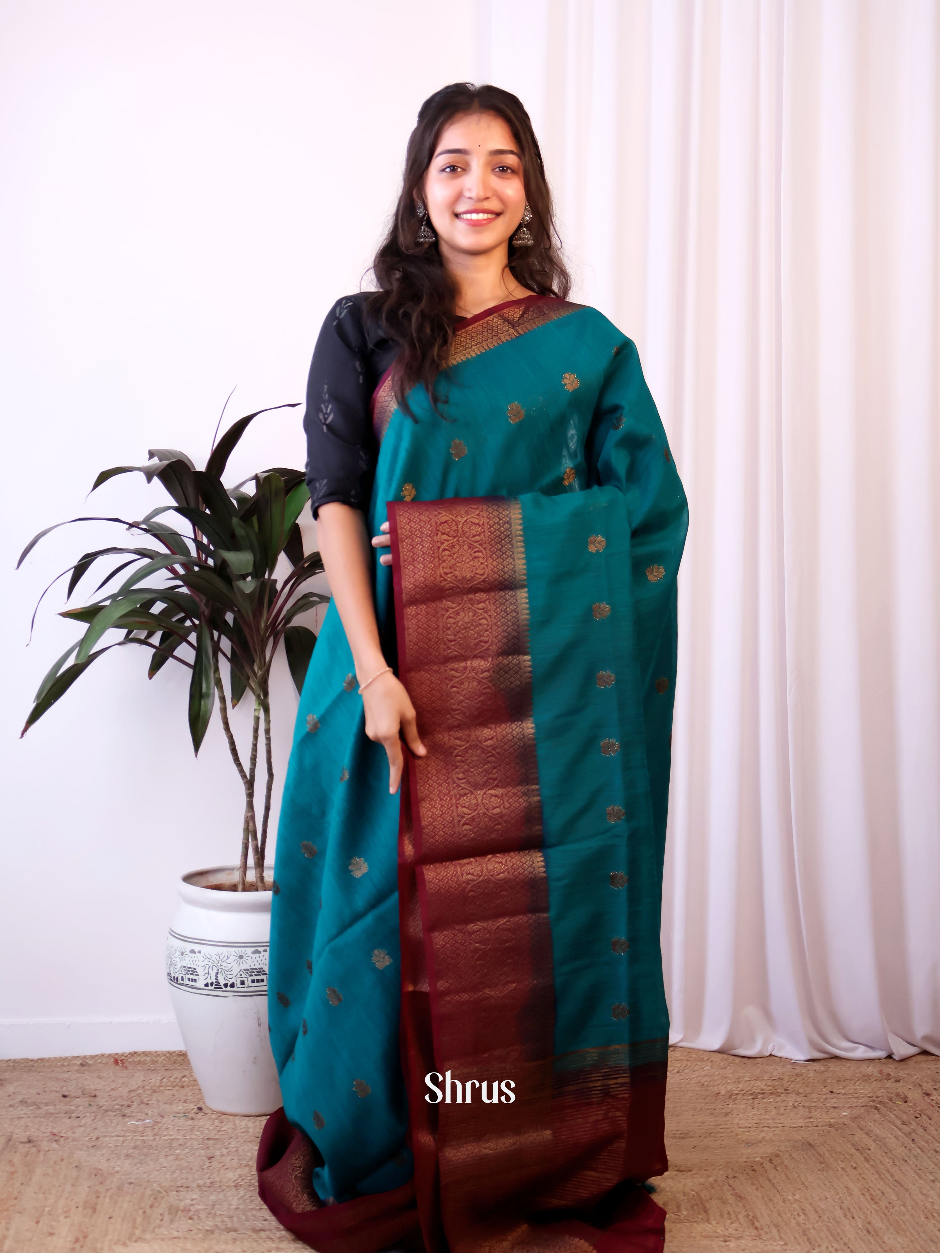 Blue & Maroon- Semi Jute Saree - Shop on Shrus.com