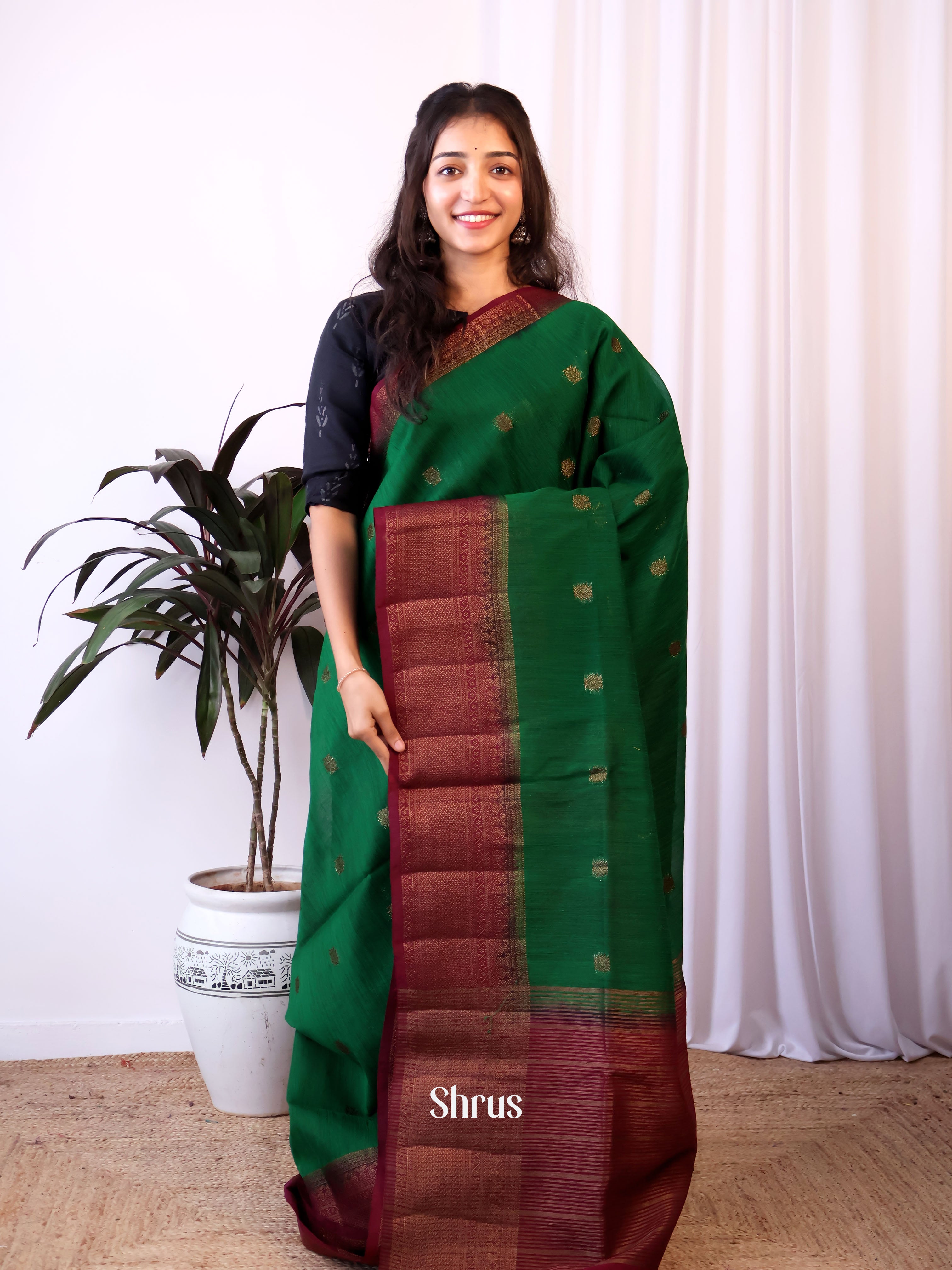 Green & Maroon- Semi Jute Saree - Shop on Shrus.com