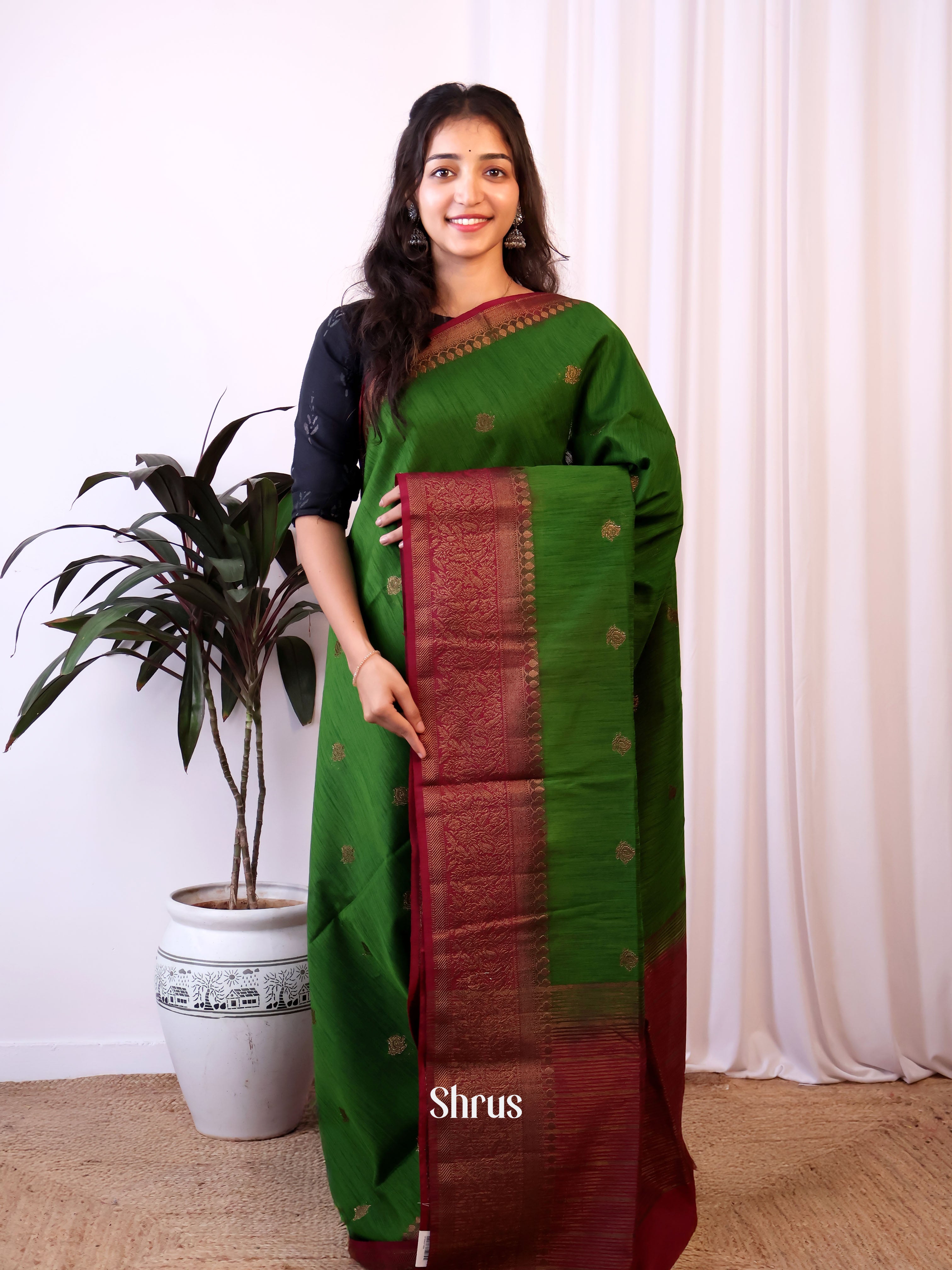 Green & Maroon - Semi Jute Saree - Shop on Shrus.com