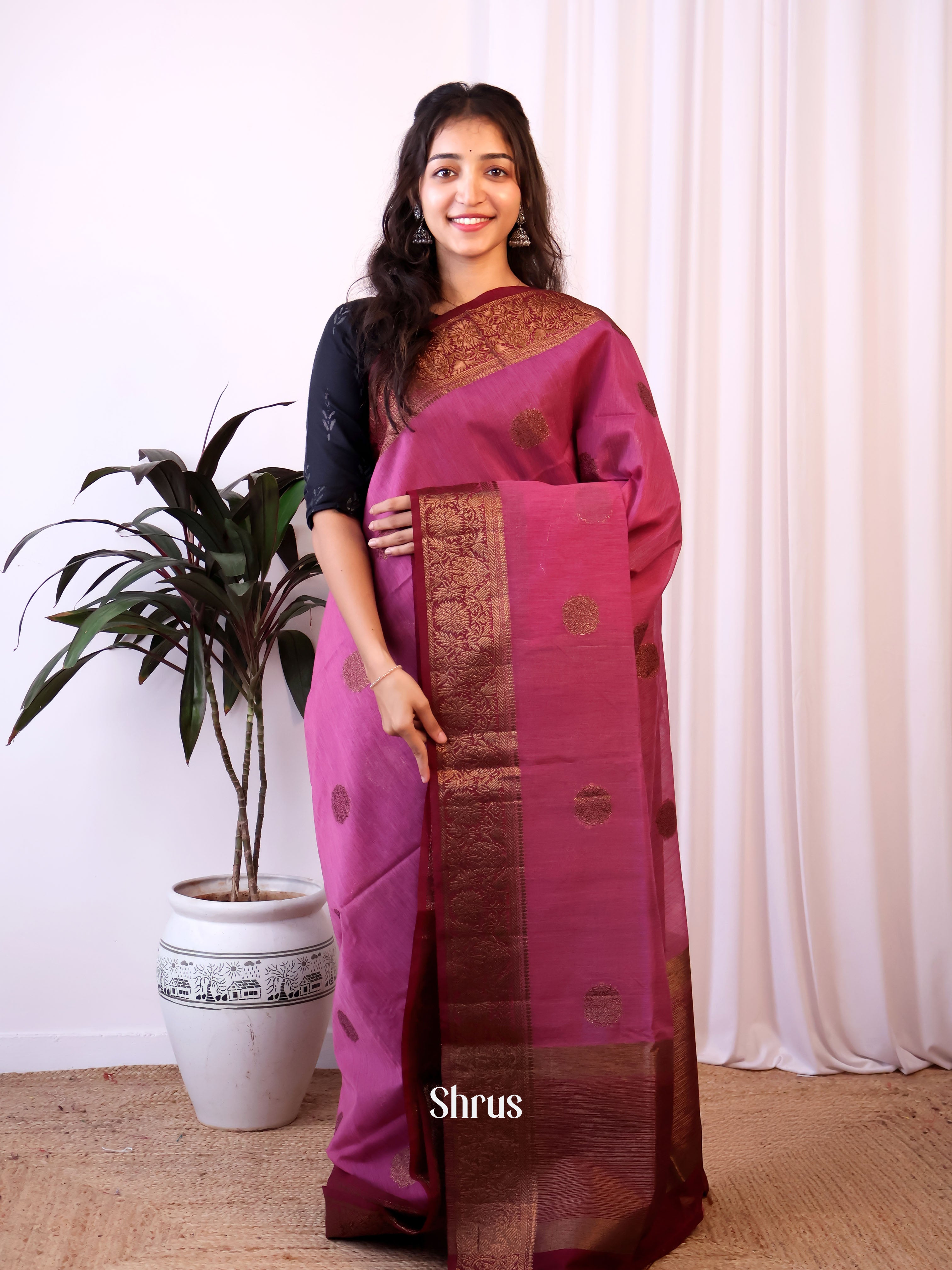 Pink & Maroon - Semi Jute Saree - Shop on Shrus.com