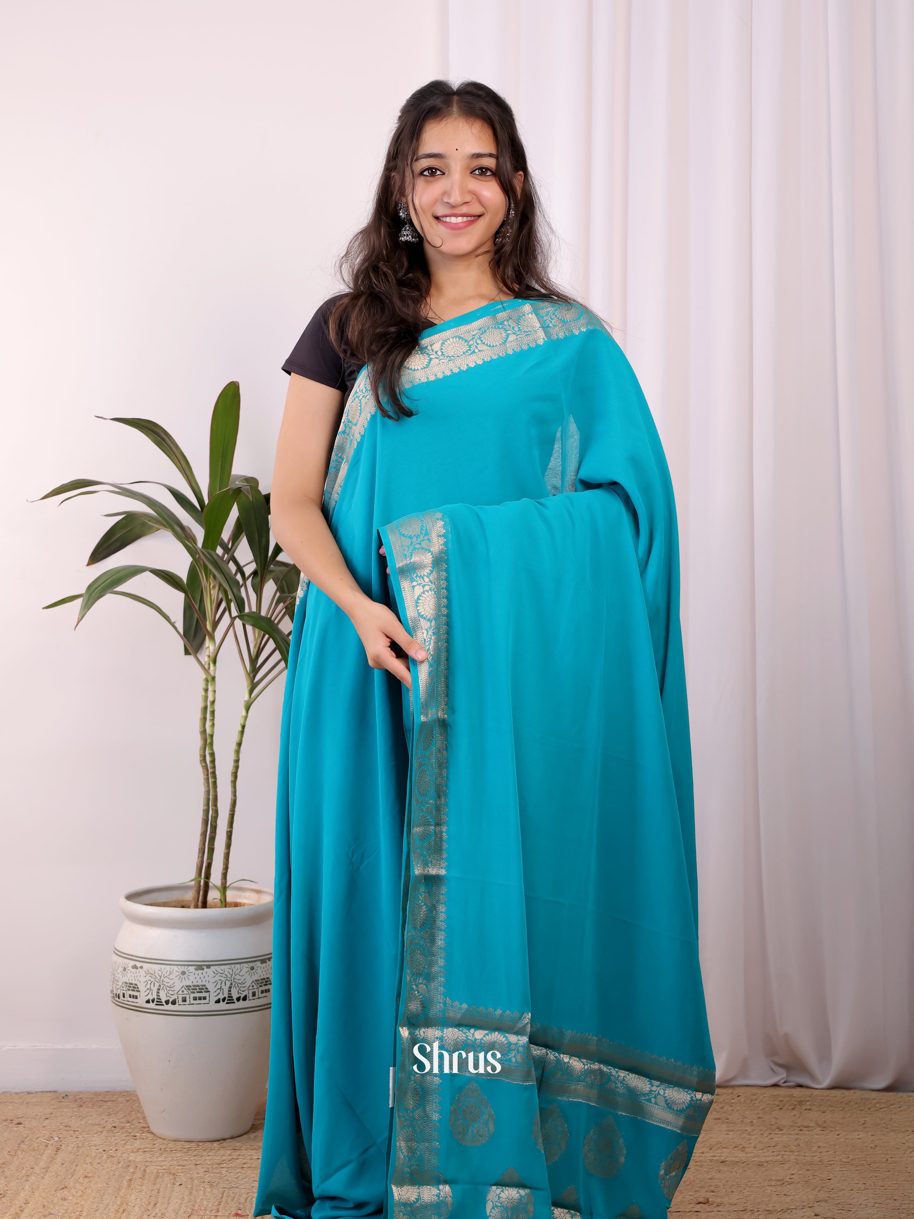Blue - Semi Mysoresilk Saree - Shop on Shrus.com