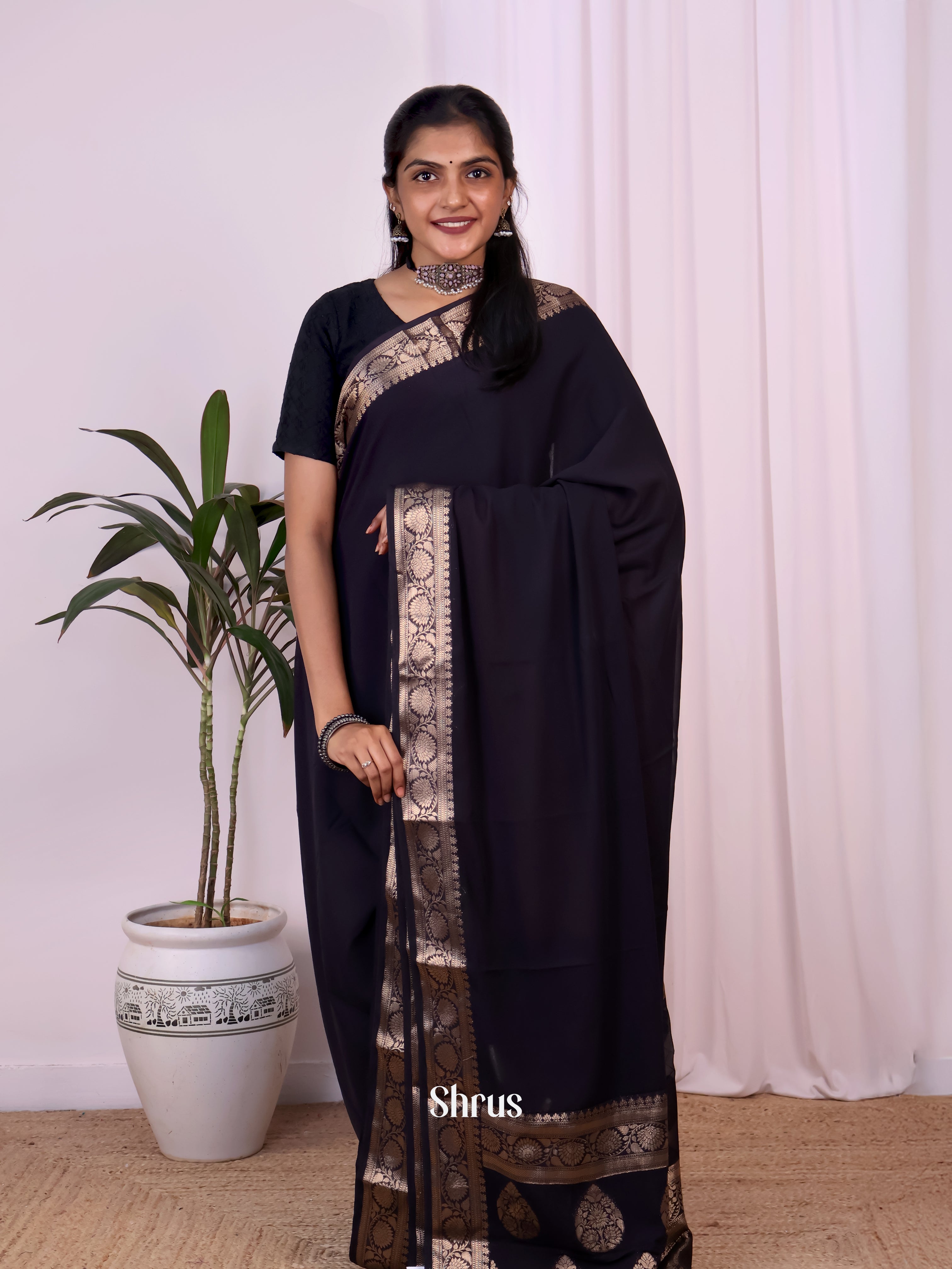 Black & Red - Semi Mysoresilk Saree - Shop on Shrus.com