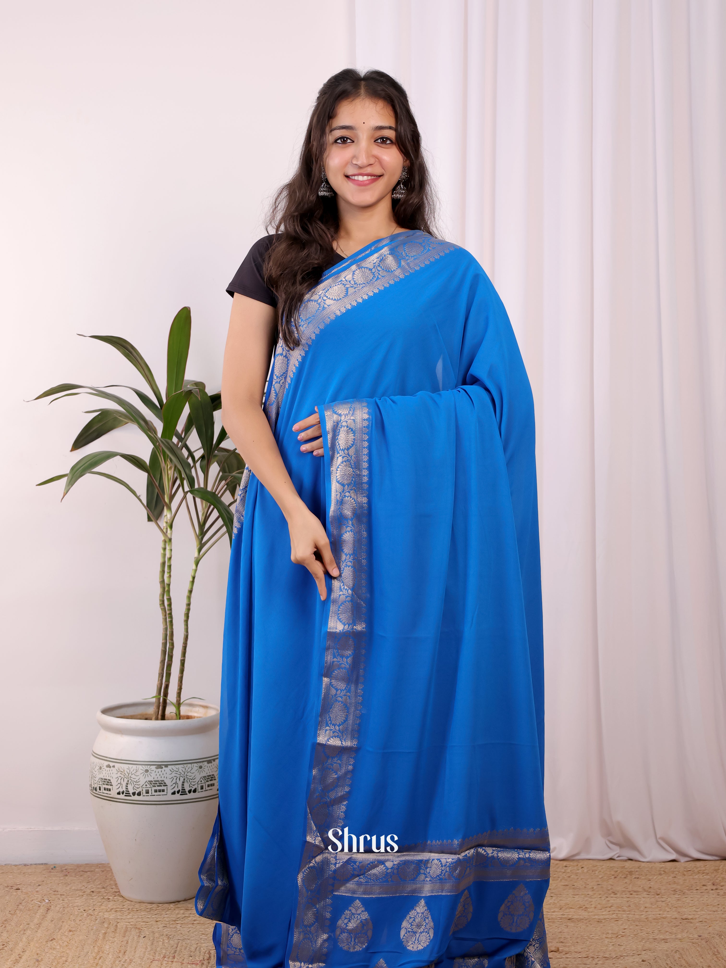 Blue & Pink - Semi Mysoresilk Saree - Shop on Shrus.com