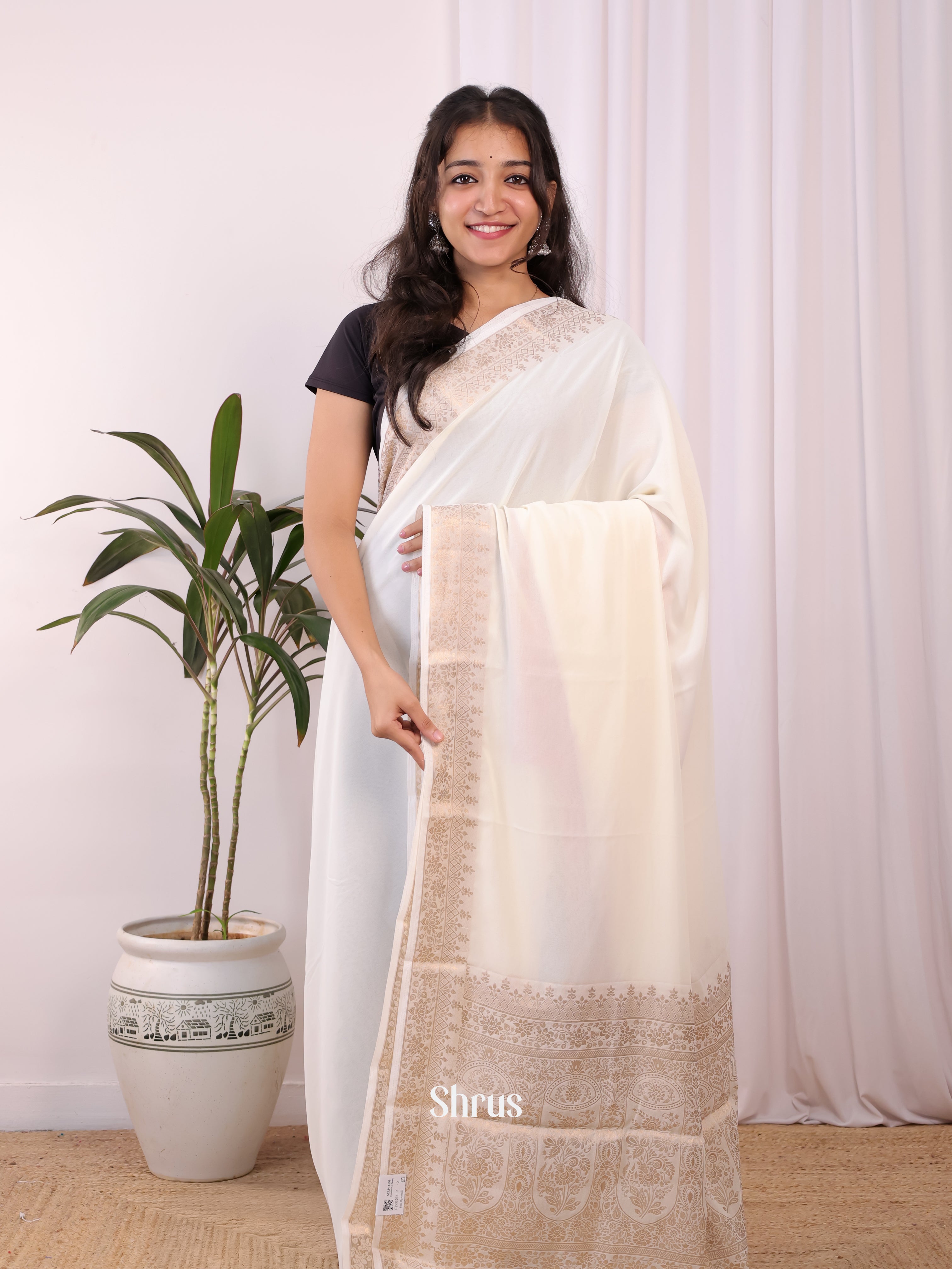 Cream & Red - Semi Mysoresilk Saree - Shop on Shrus.com