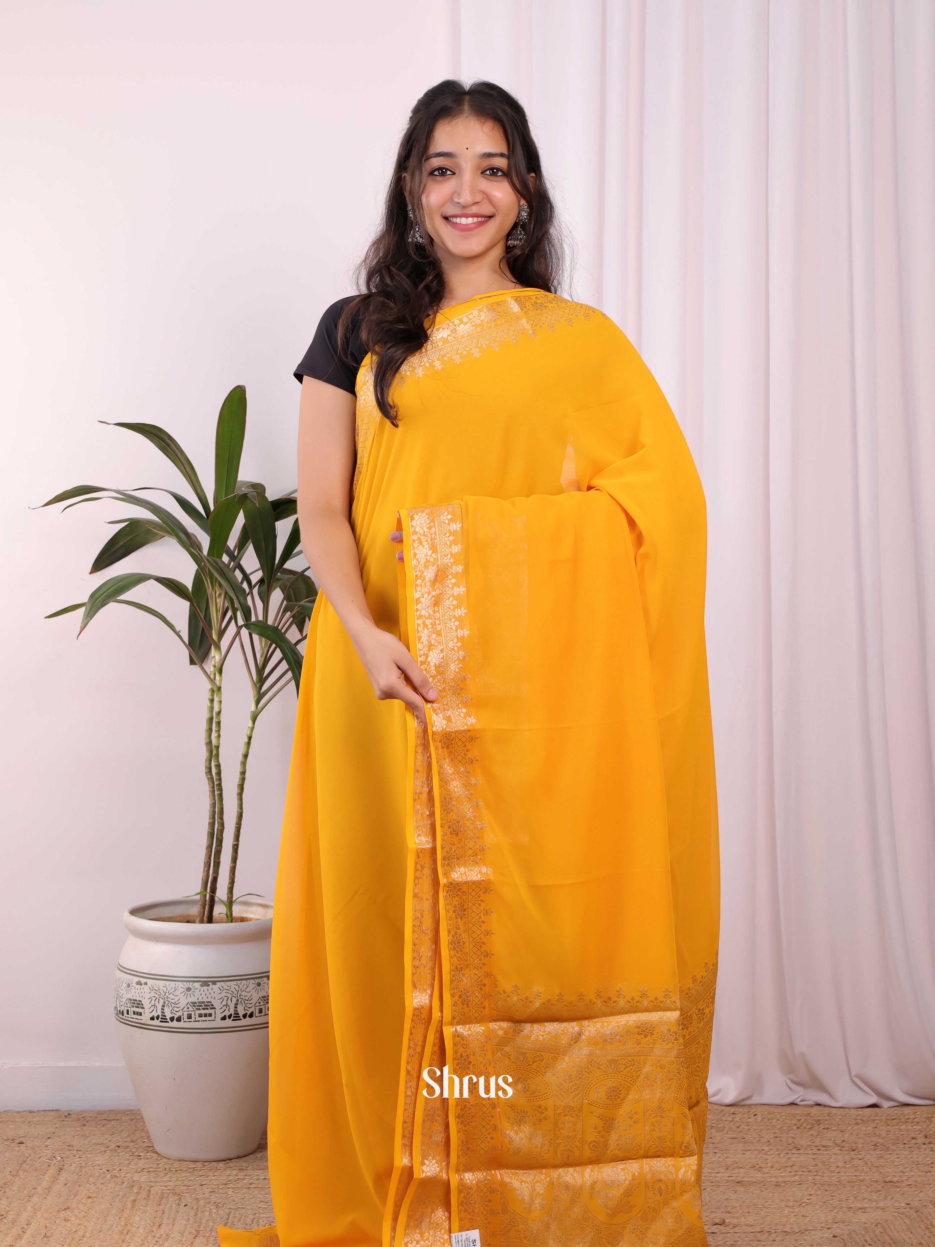 Mustard & Pink- Semi Mysoresilk Saree - Shop on Shrus.com