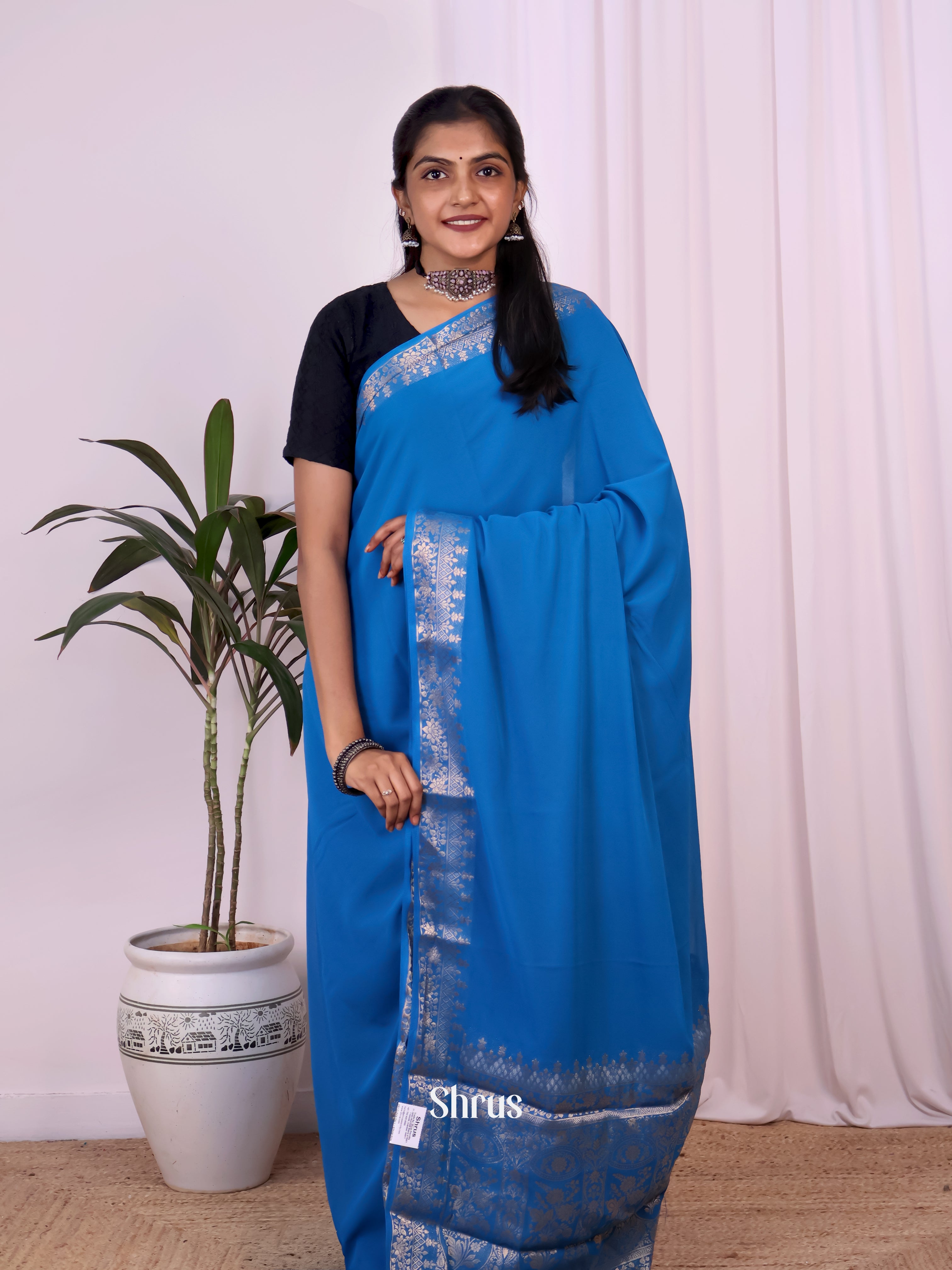 Blue & Pink - Semi Mysoresilk Saree - Shop on Shrus.com