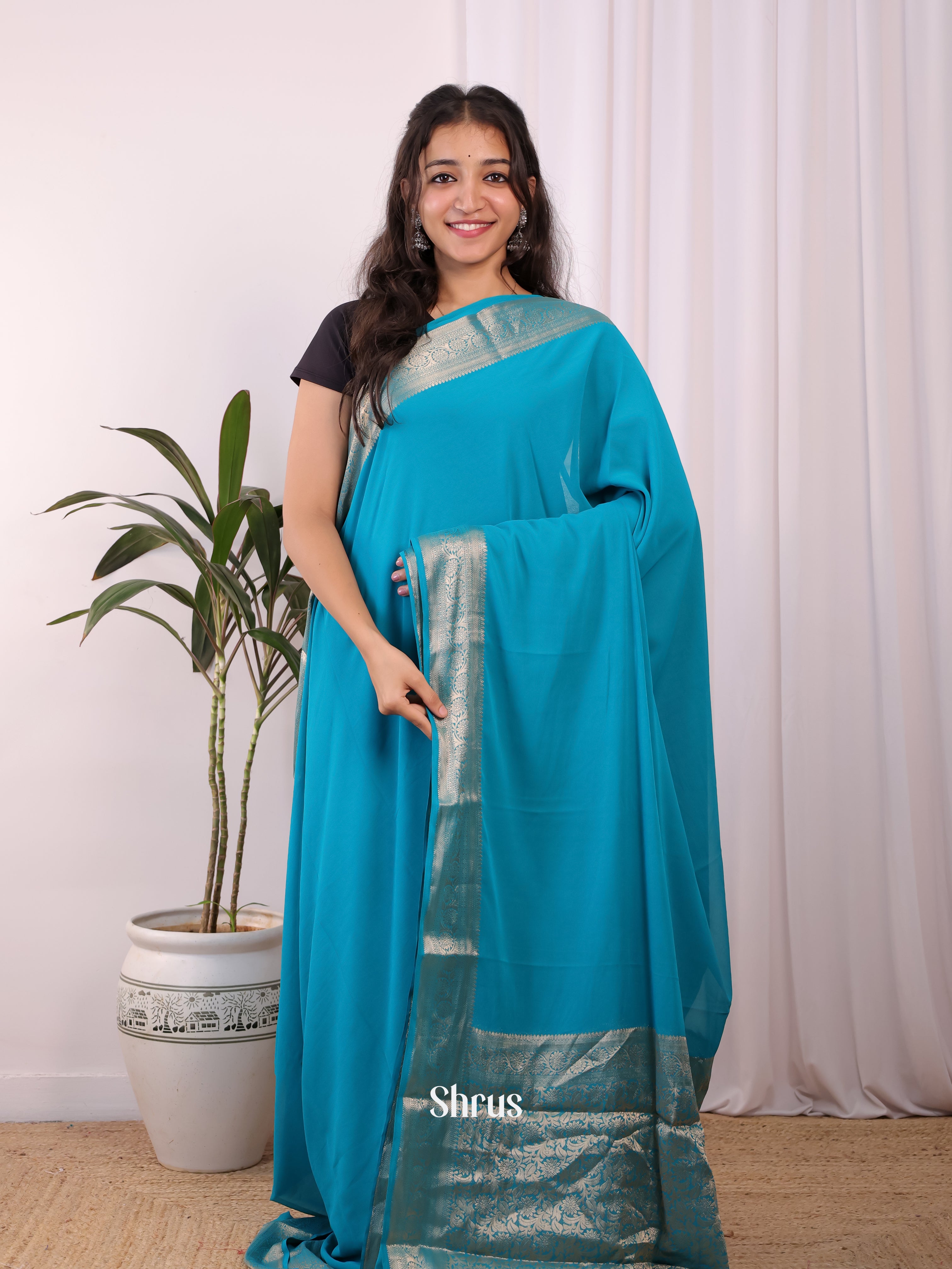 Blue - Semi Mysoresilk Saree - Shop on Shrus.com