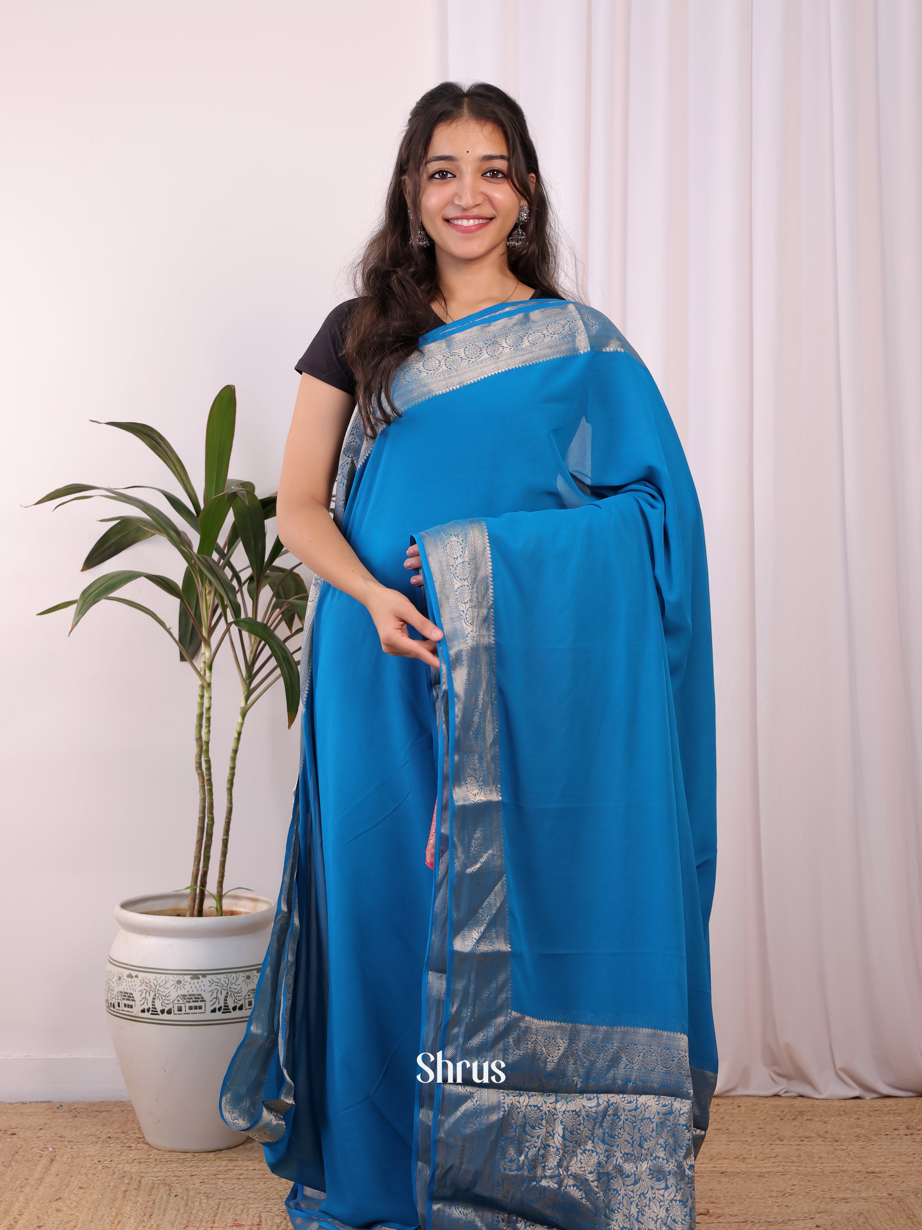 Blue & Pink - Semi Mysoresilk Saree - Shop on Shrus.com