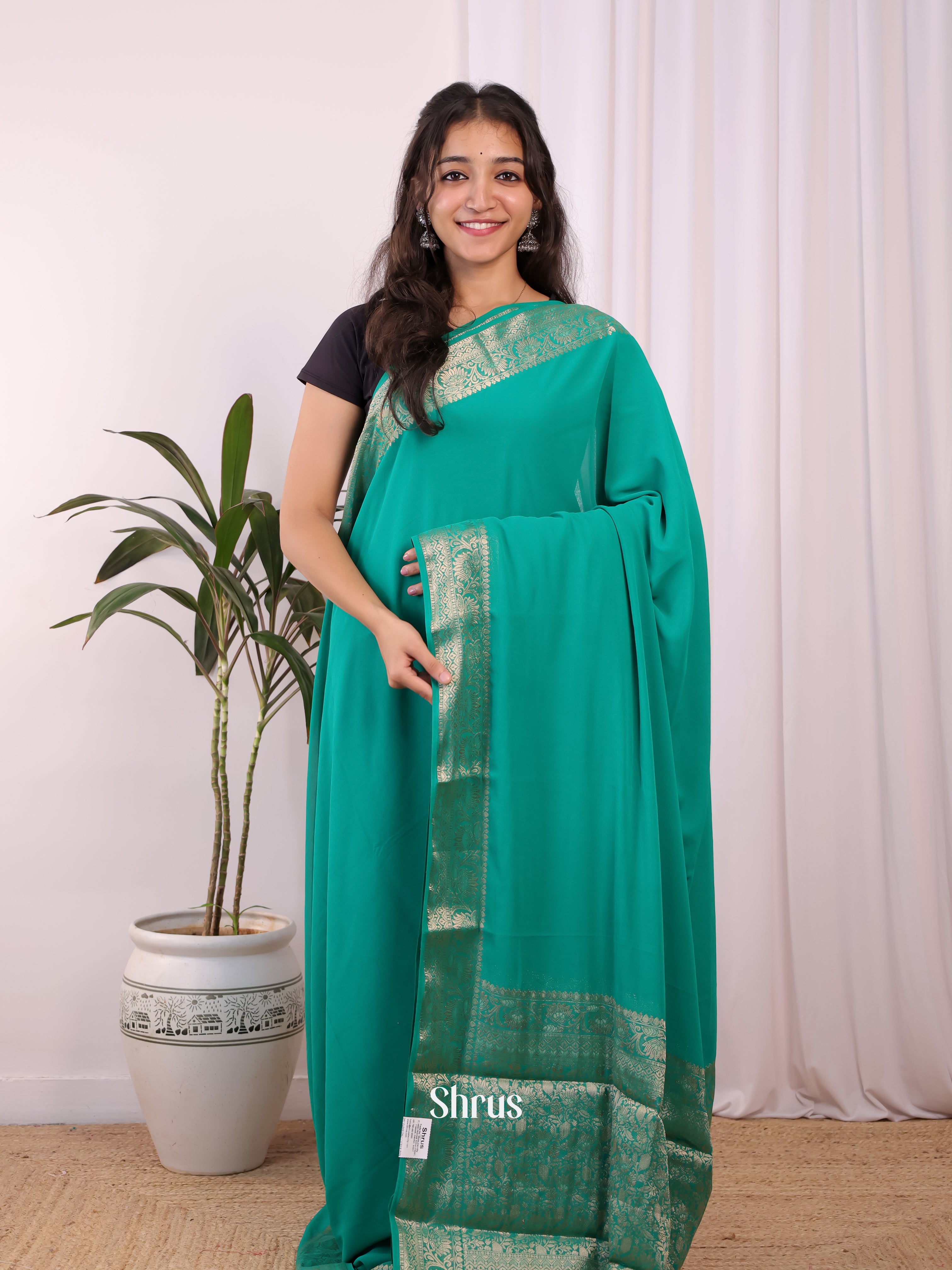 Teal- Semi Mysoresilk Saree - Shop on Shrus.com