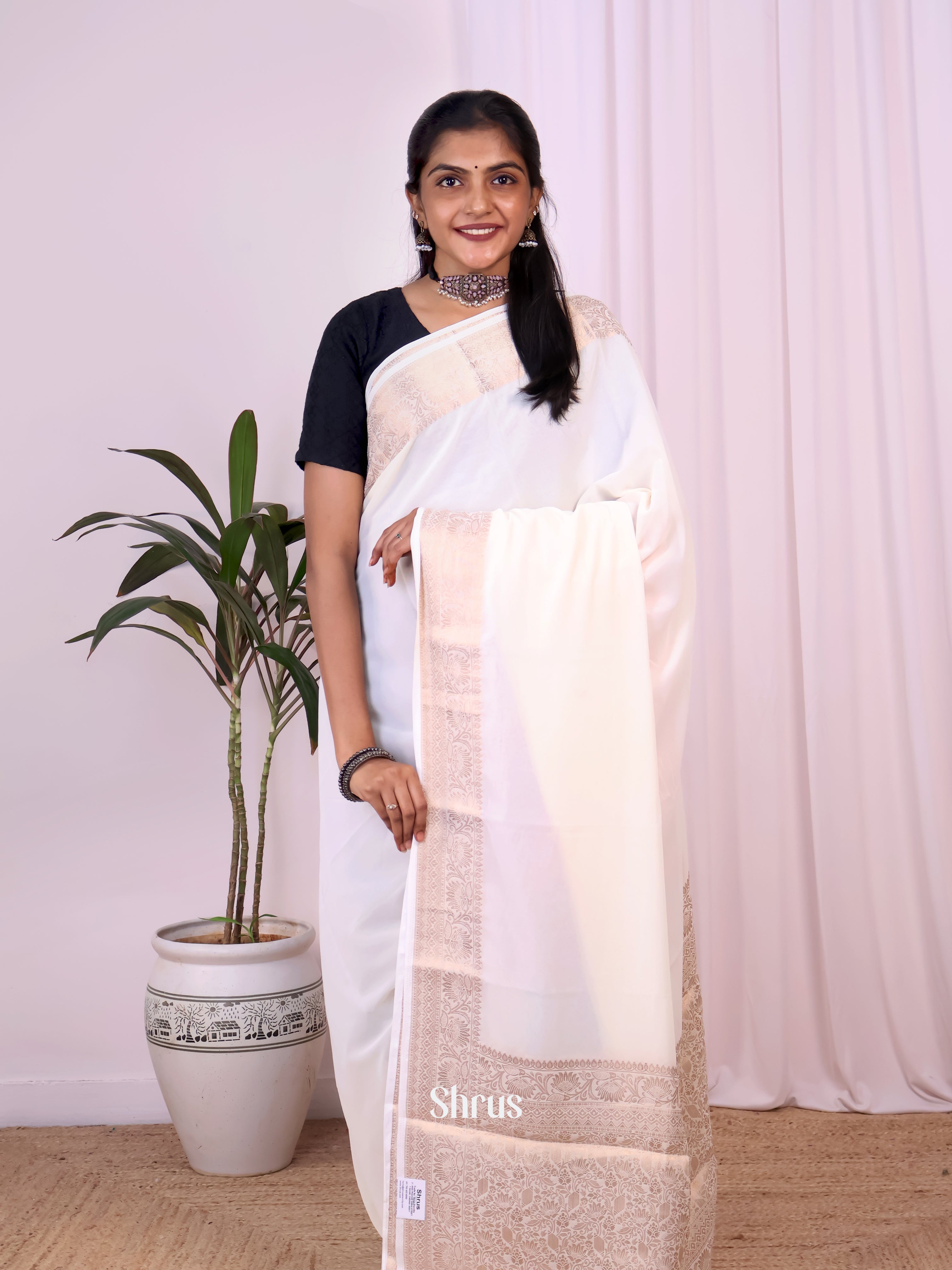 Cream & Red - Semi Mysoresilk Saree - Shop on Shrus.com