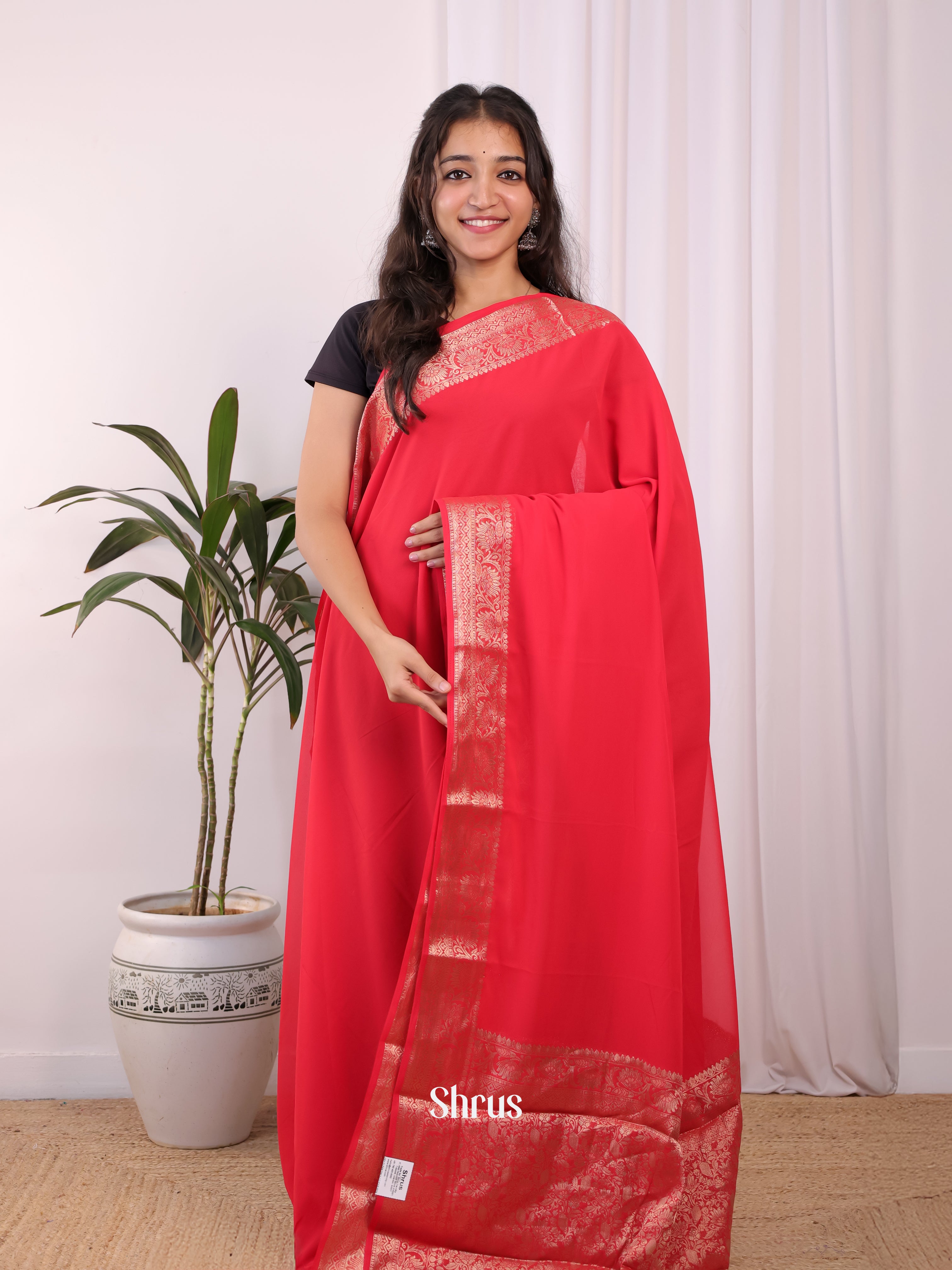 Red- Semi Mysoresilk Saree - Shop on Shrus.com