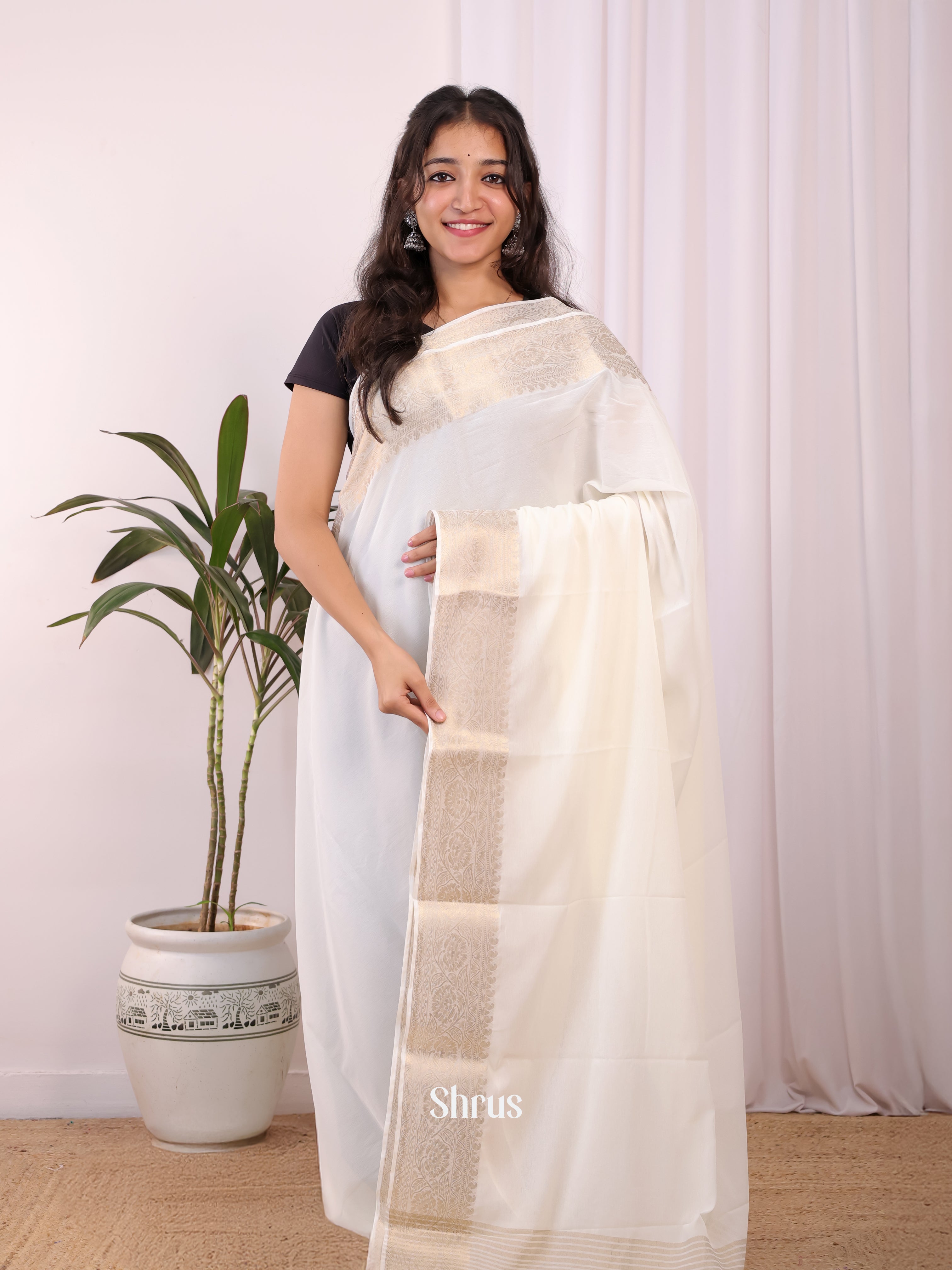 Cream - Semi Mysoresilk Saree - Shop on Shrus.com