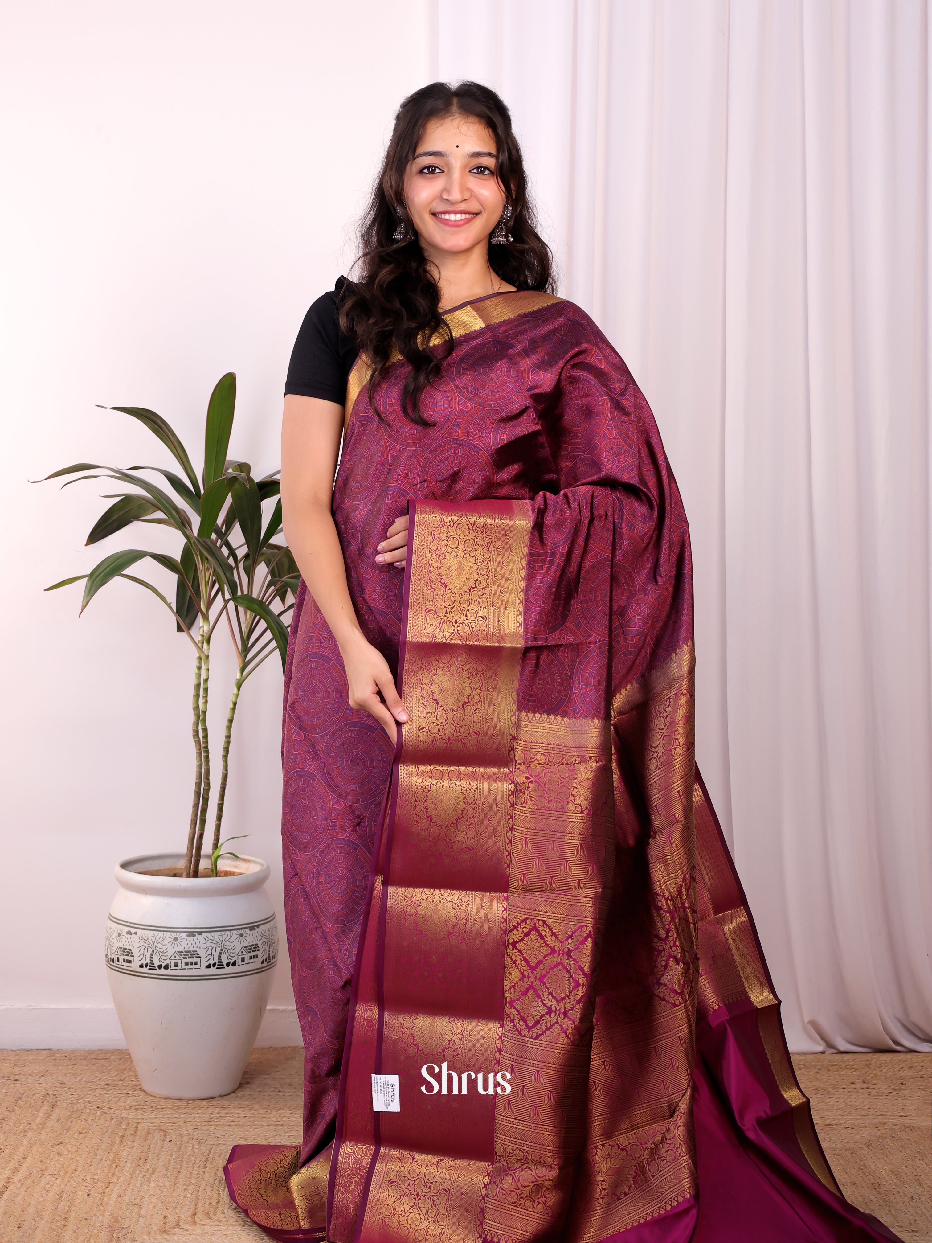 Purple - Printed Silk Saree - Shop on Shrus.com