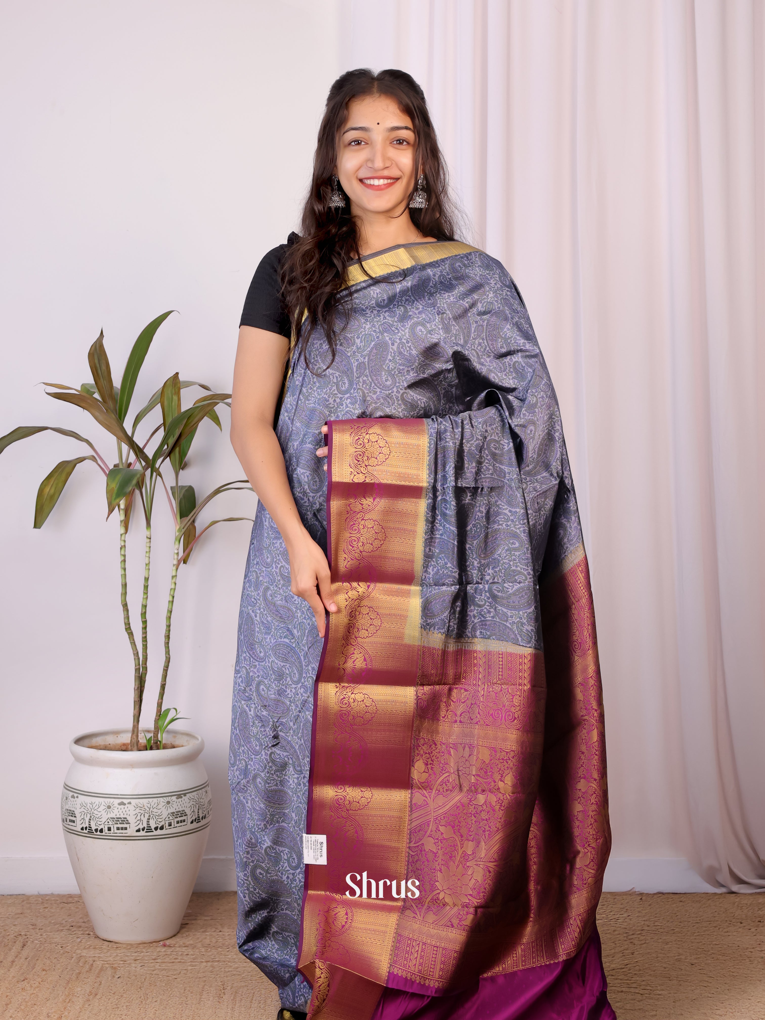 Bluish Grey & Purple- Printed Silk Saree - Shop on Shrus.com