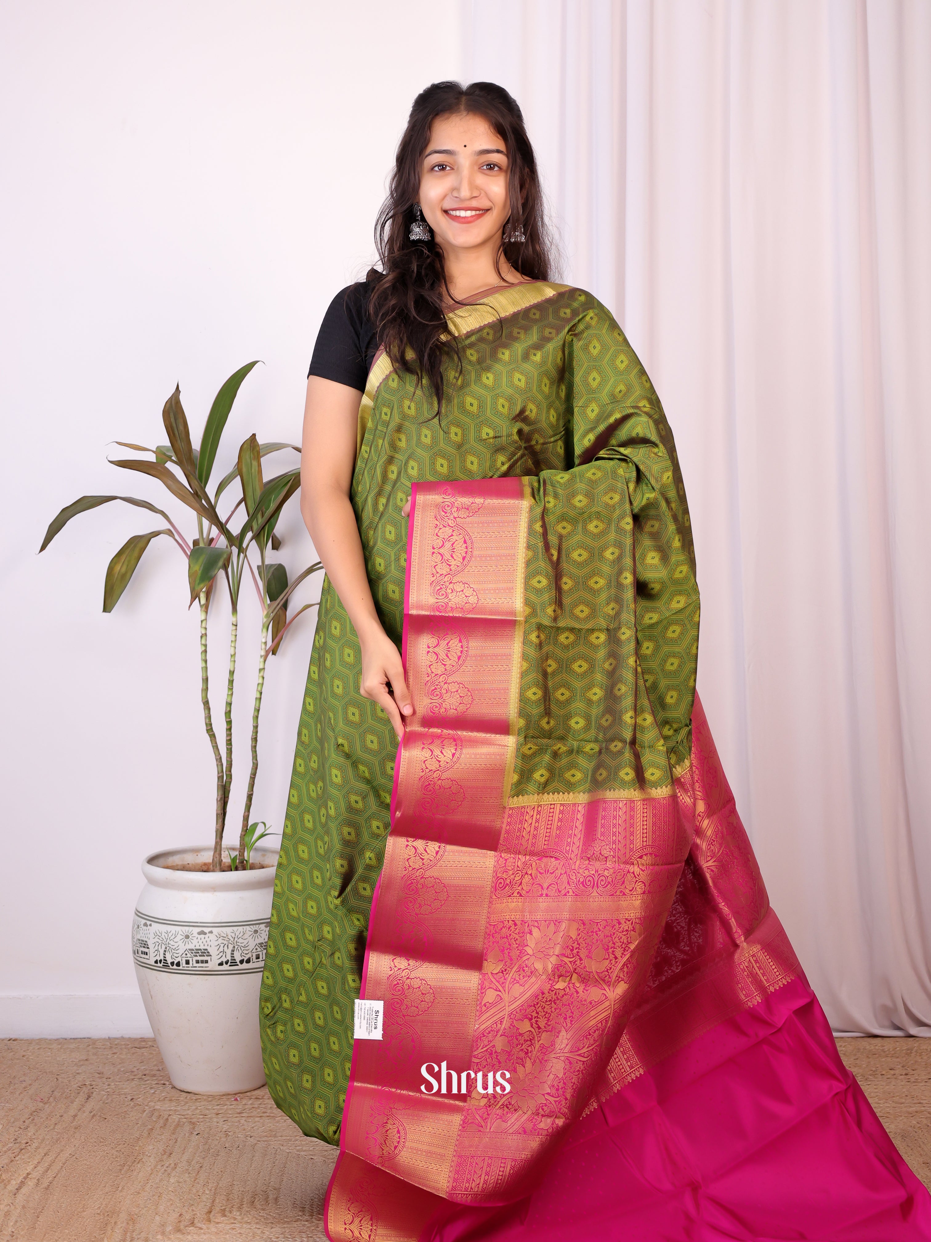 Green & Pink - Printed Silk Saree - Shop on Shrus.com