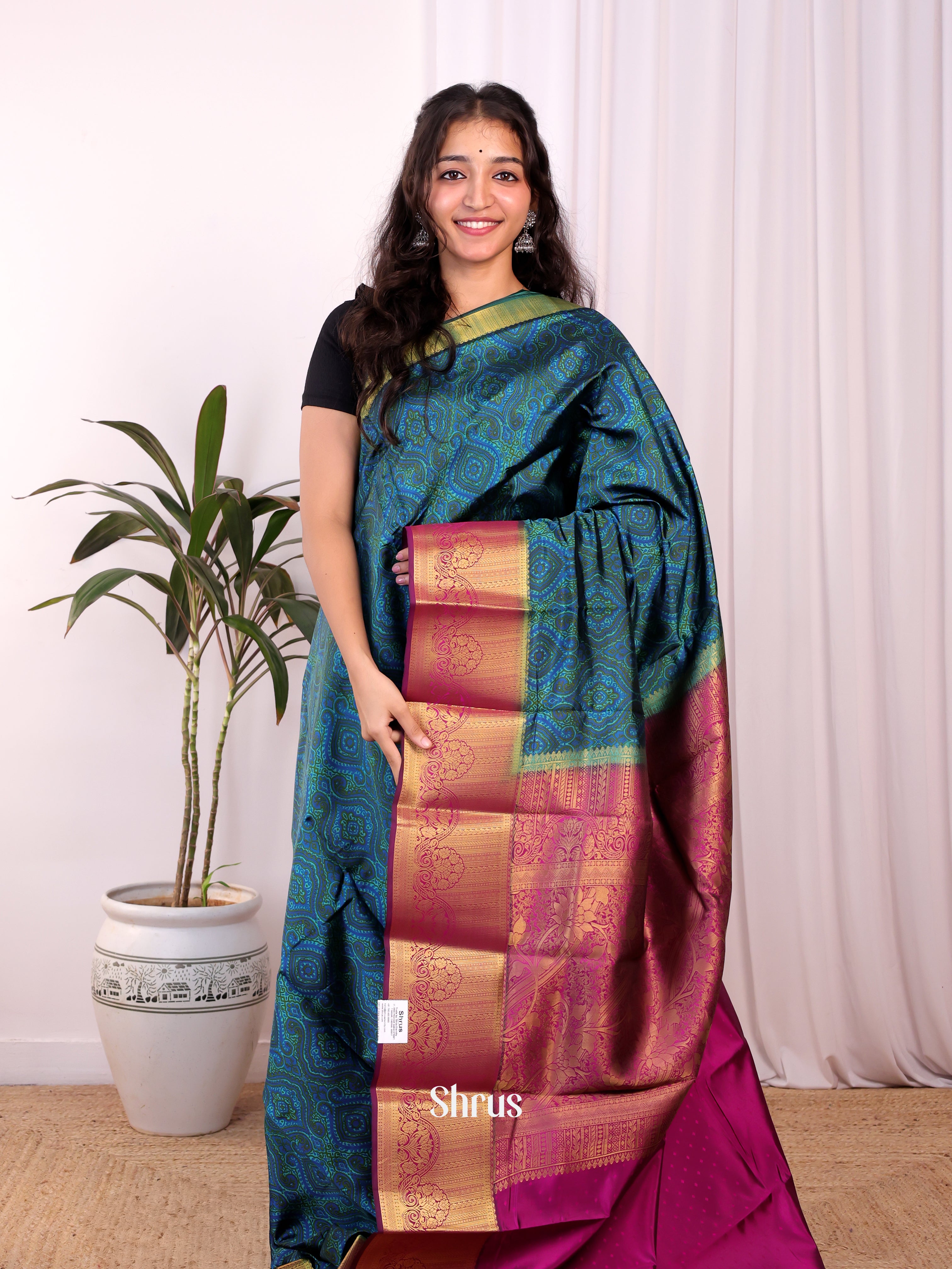 Peacock Blue & Majenta - Printed Silk Saree - Shop on Shrus.com