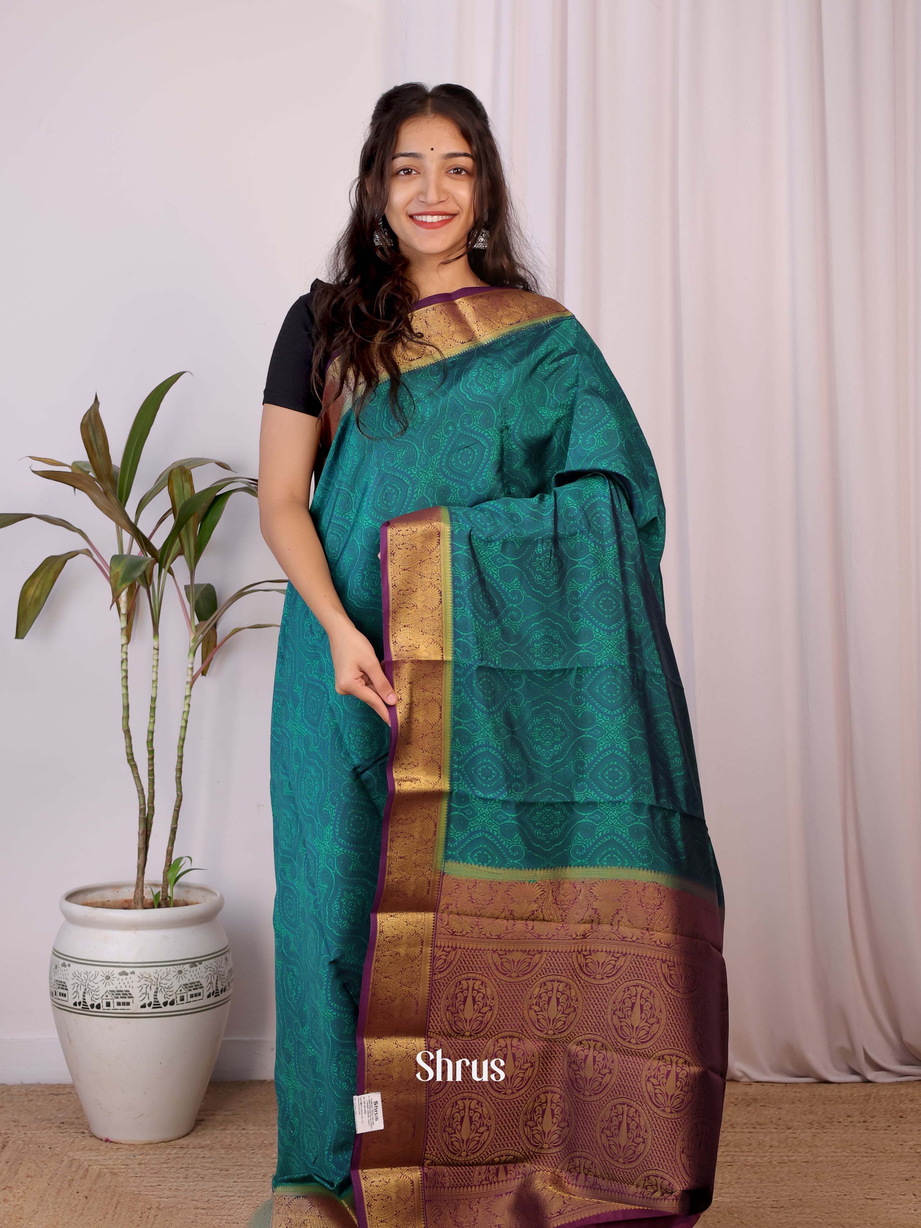 Peacock Blue & Purple - Printed Silk Saree - Shop on Shrus.com