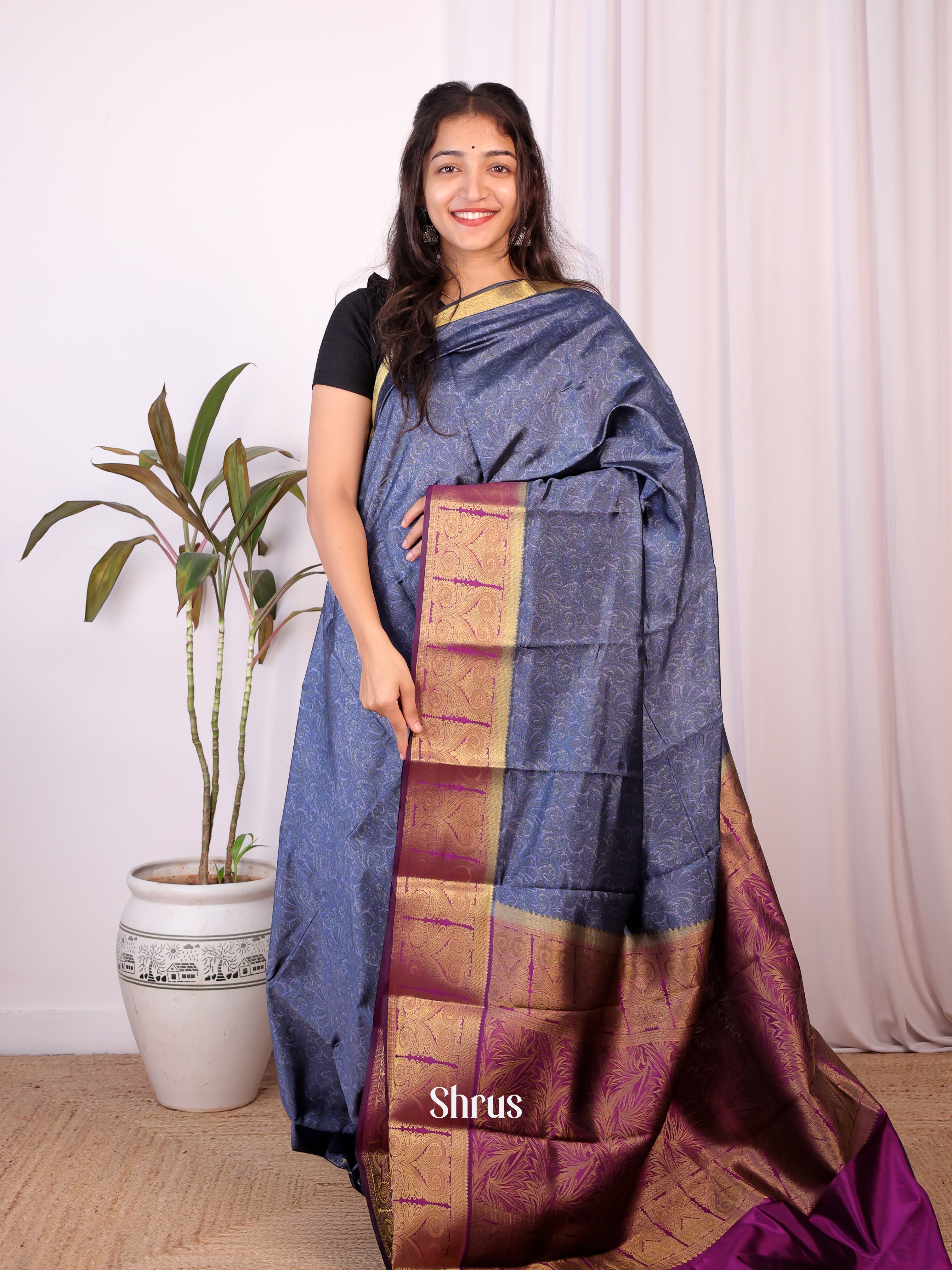 Blue & Purple - Printed Silk Saree - Shop on Shrus.com