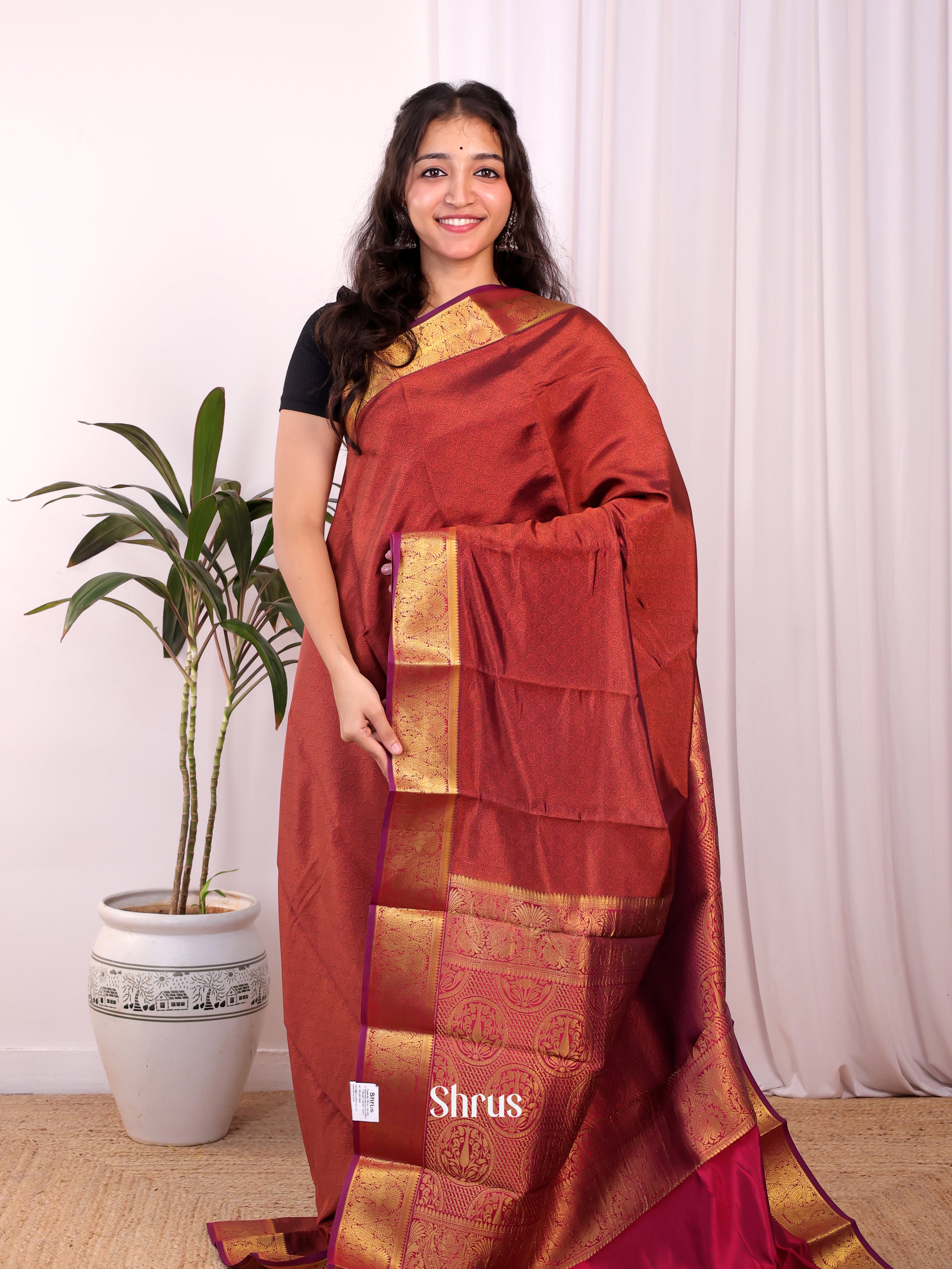 Rust & Maroon- Printed Silk Saree - Shop on Shrus.com