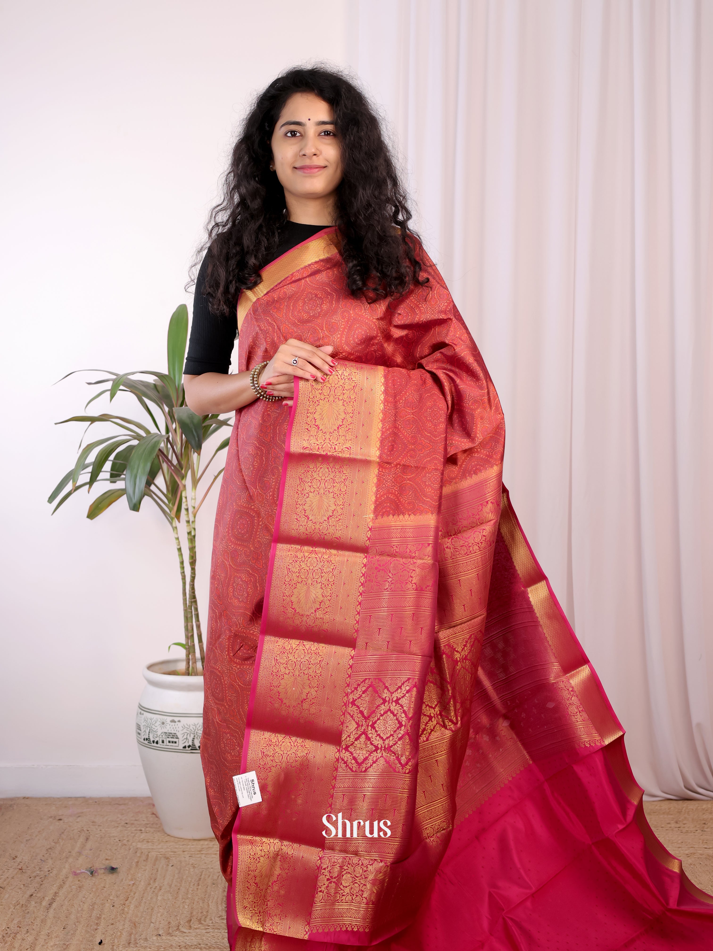 Brown & Pink - Printed Silk Saree - Shop on Shrus.com
