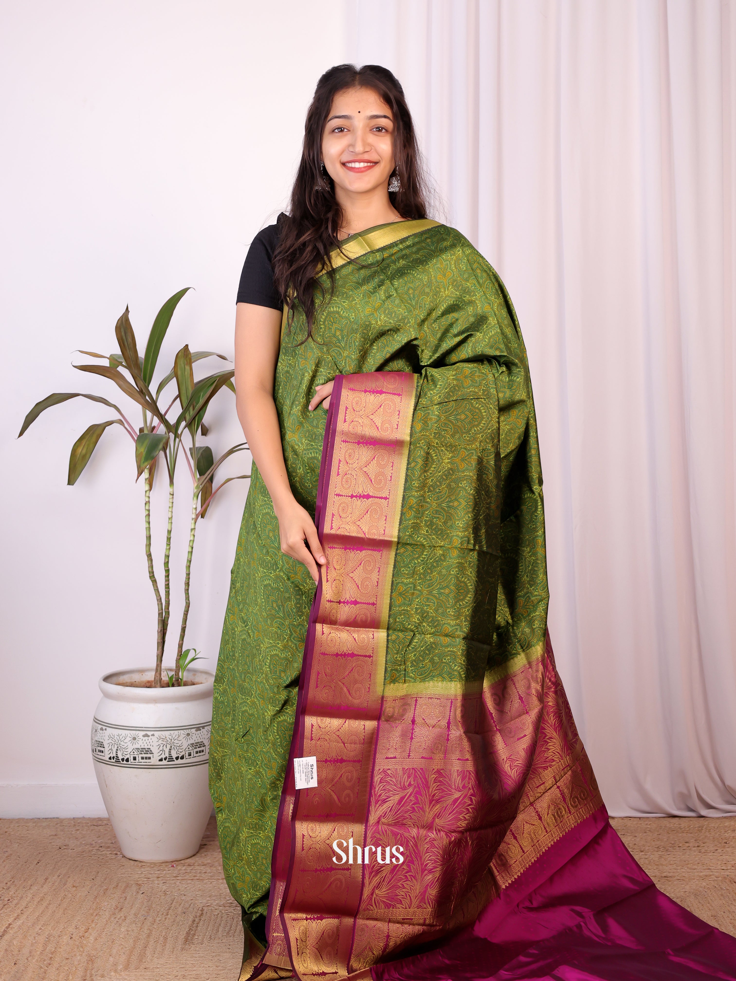 Green & Purple - Printed Silk Saree - Shop on Shrus.com