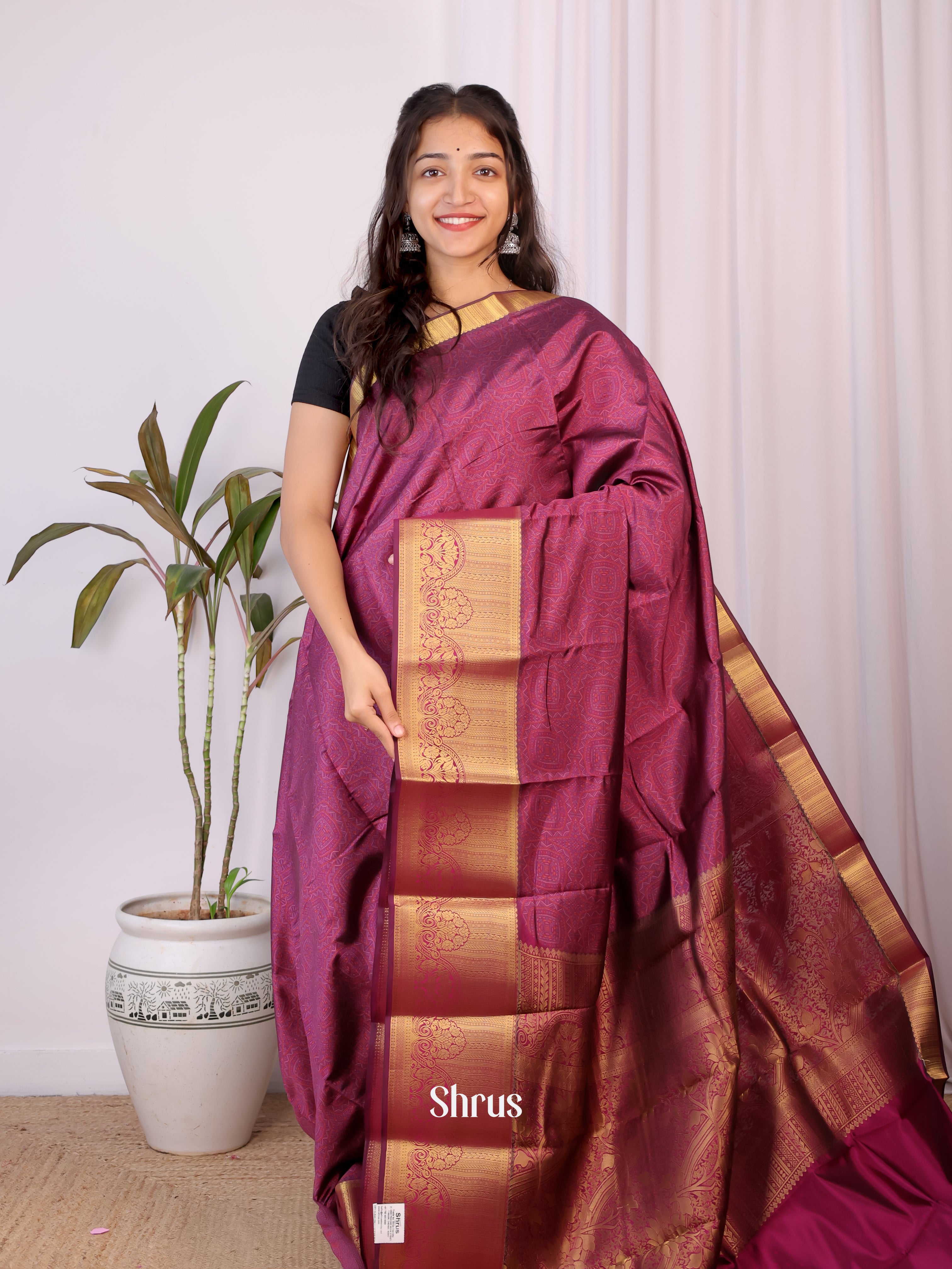 Wine- Printed Silk Saree - Shop on Shrus.com