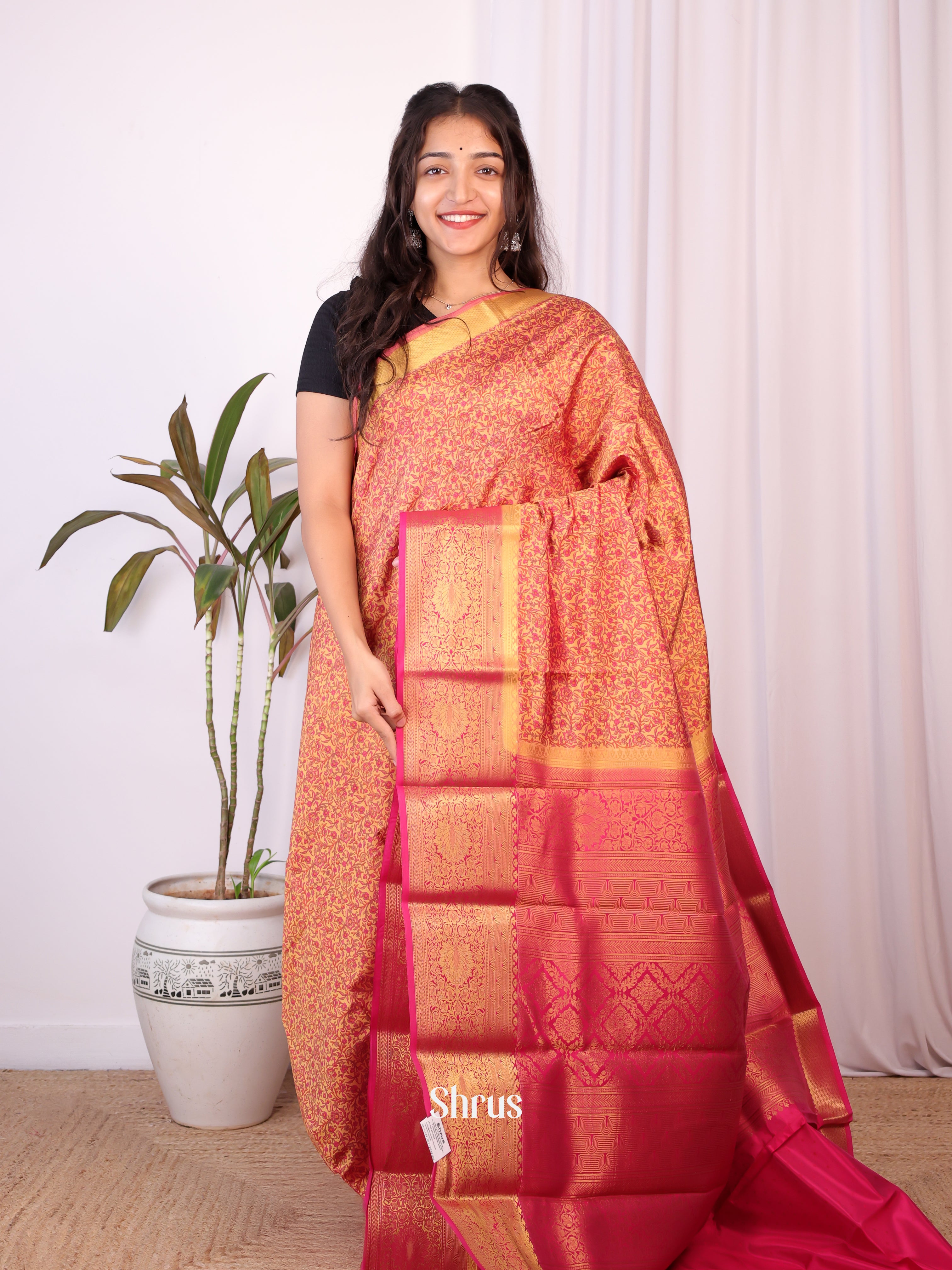 Peach & Maroon - Printed Silk Saree - Shop on Shrus.com