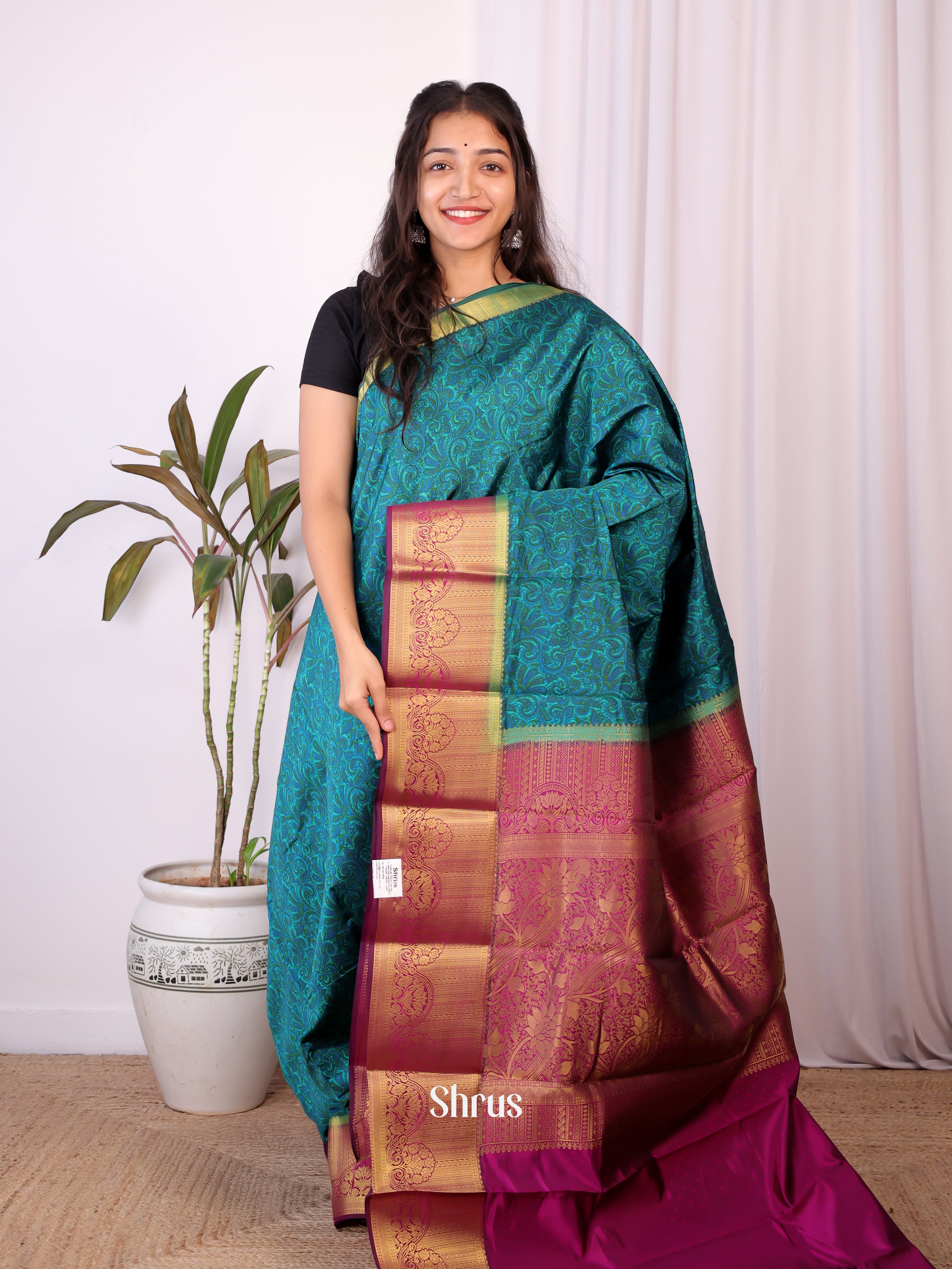 Blue & Majenta - Printed Silk Saree - Shop on Shrus.com