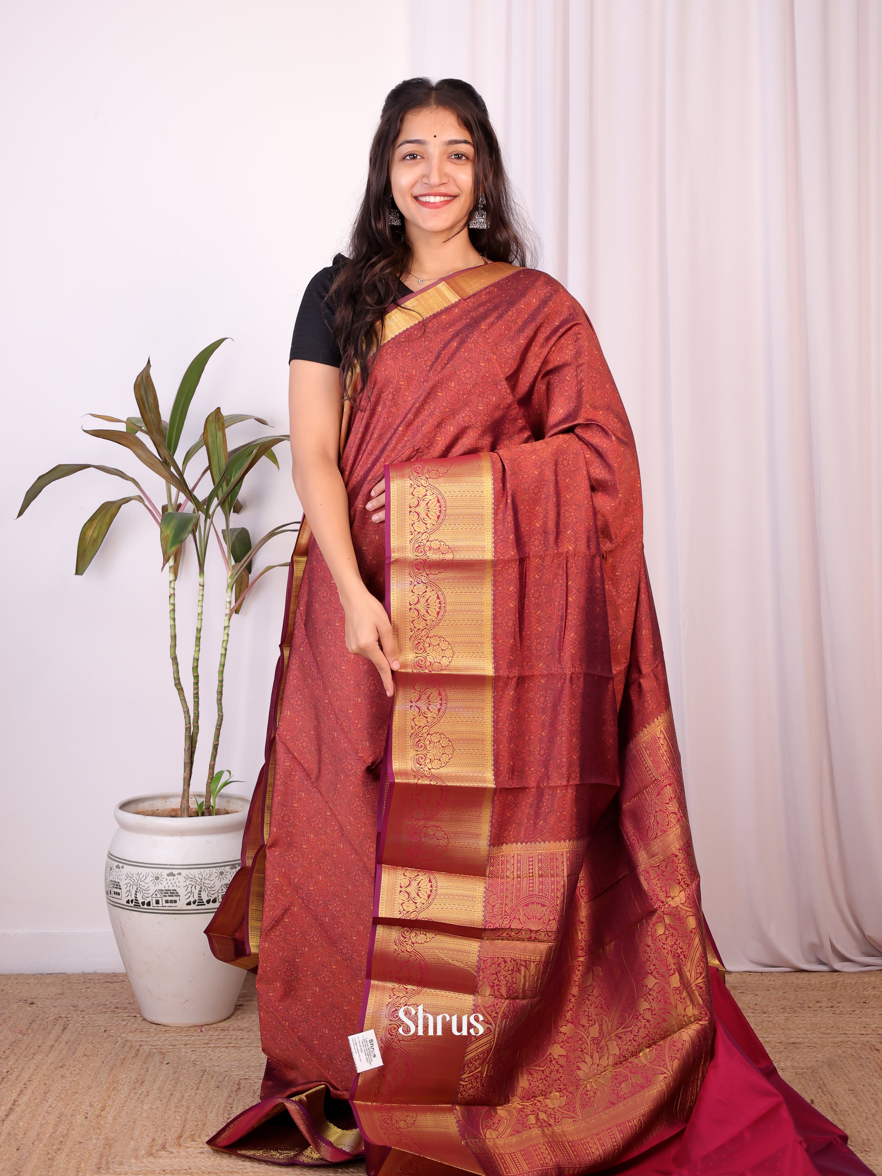 Brown & Purple - Printed Silk Saree - Shop on Shrus.com