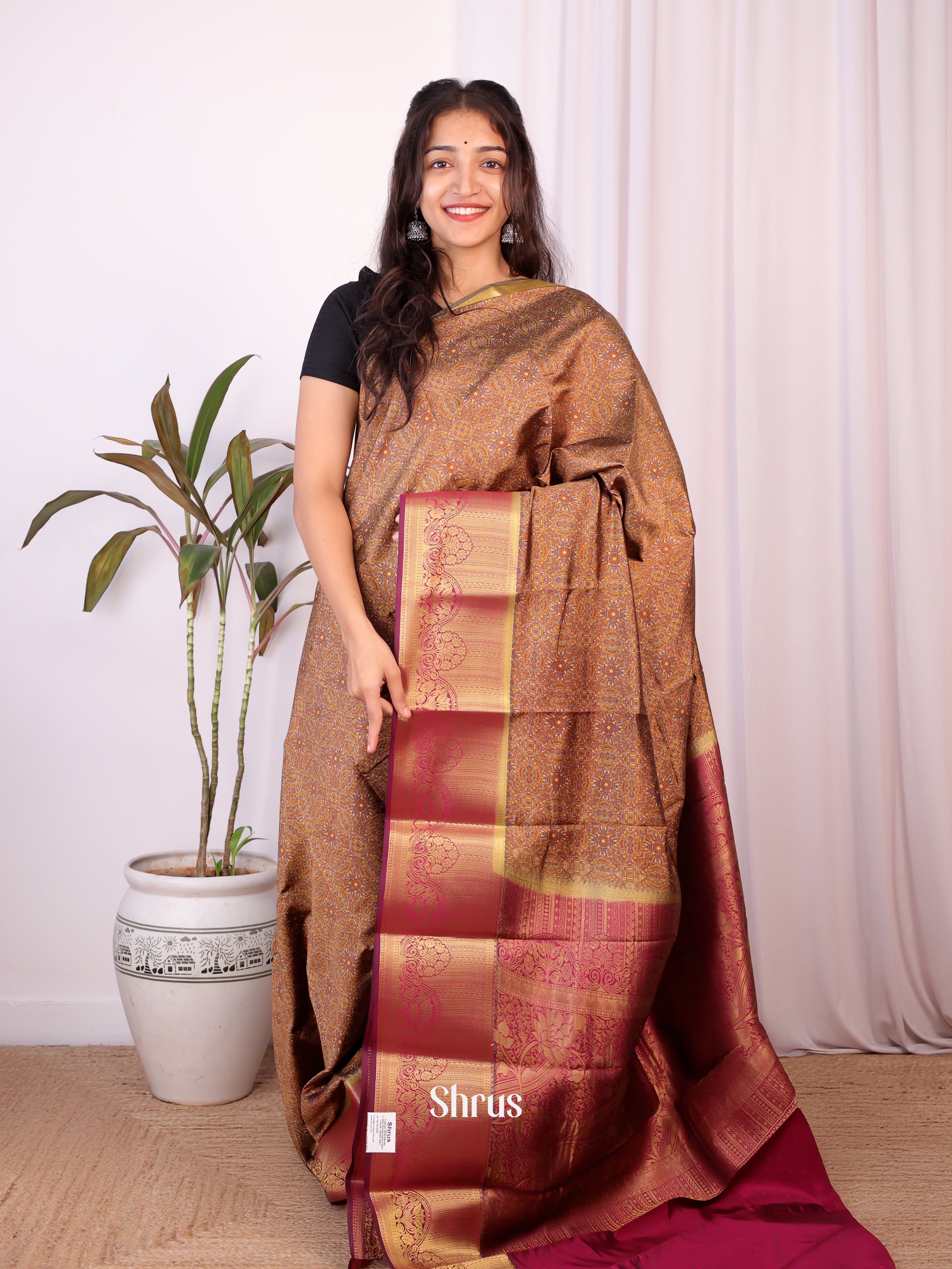 Brown & Purple- Printed Silk Saree - Shop on Shrus.com