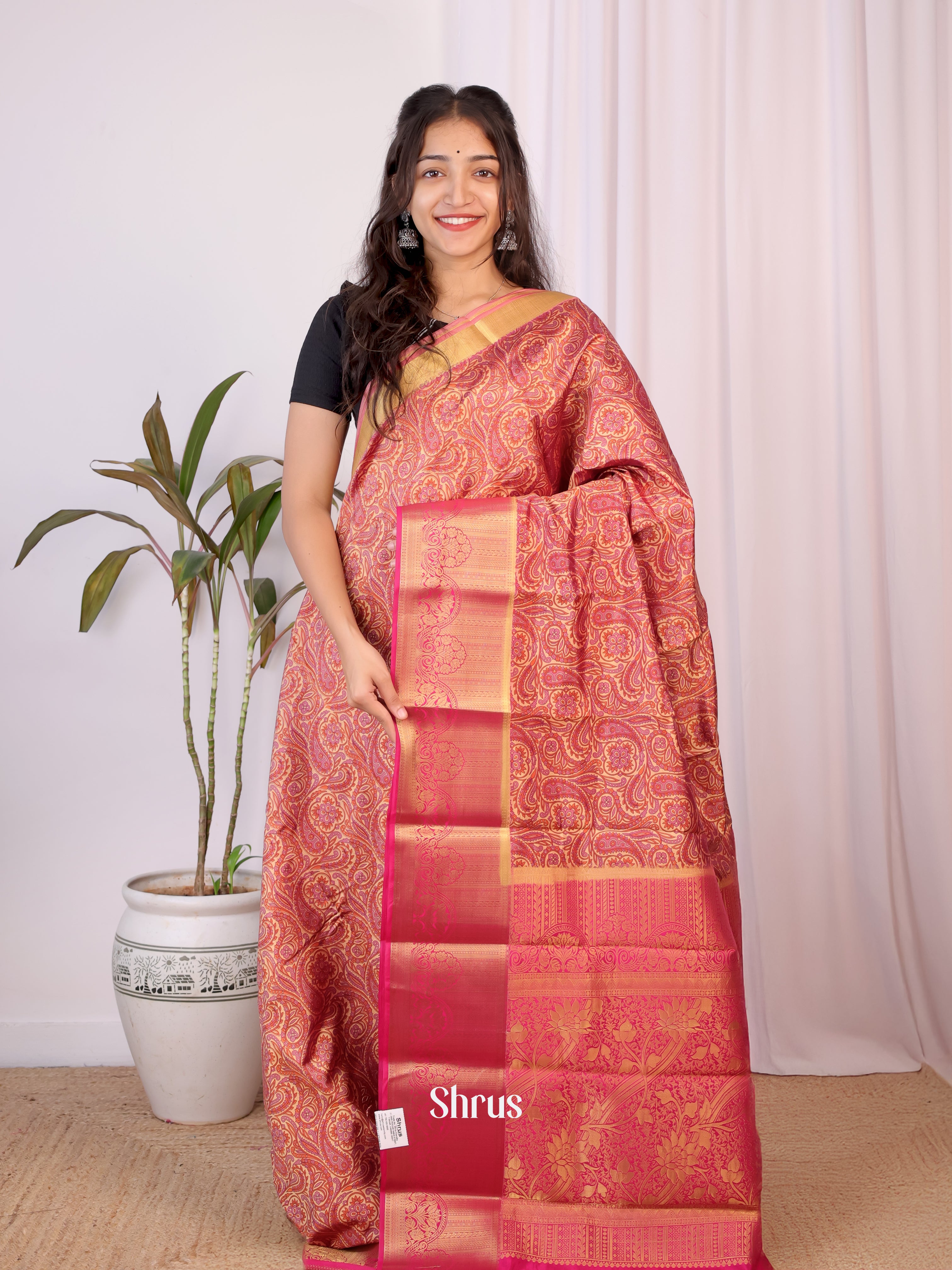 Peach & Pink - Printed Silk Saree - Shop on Shrus.com