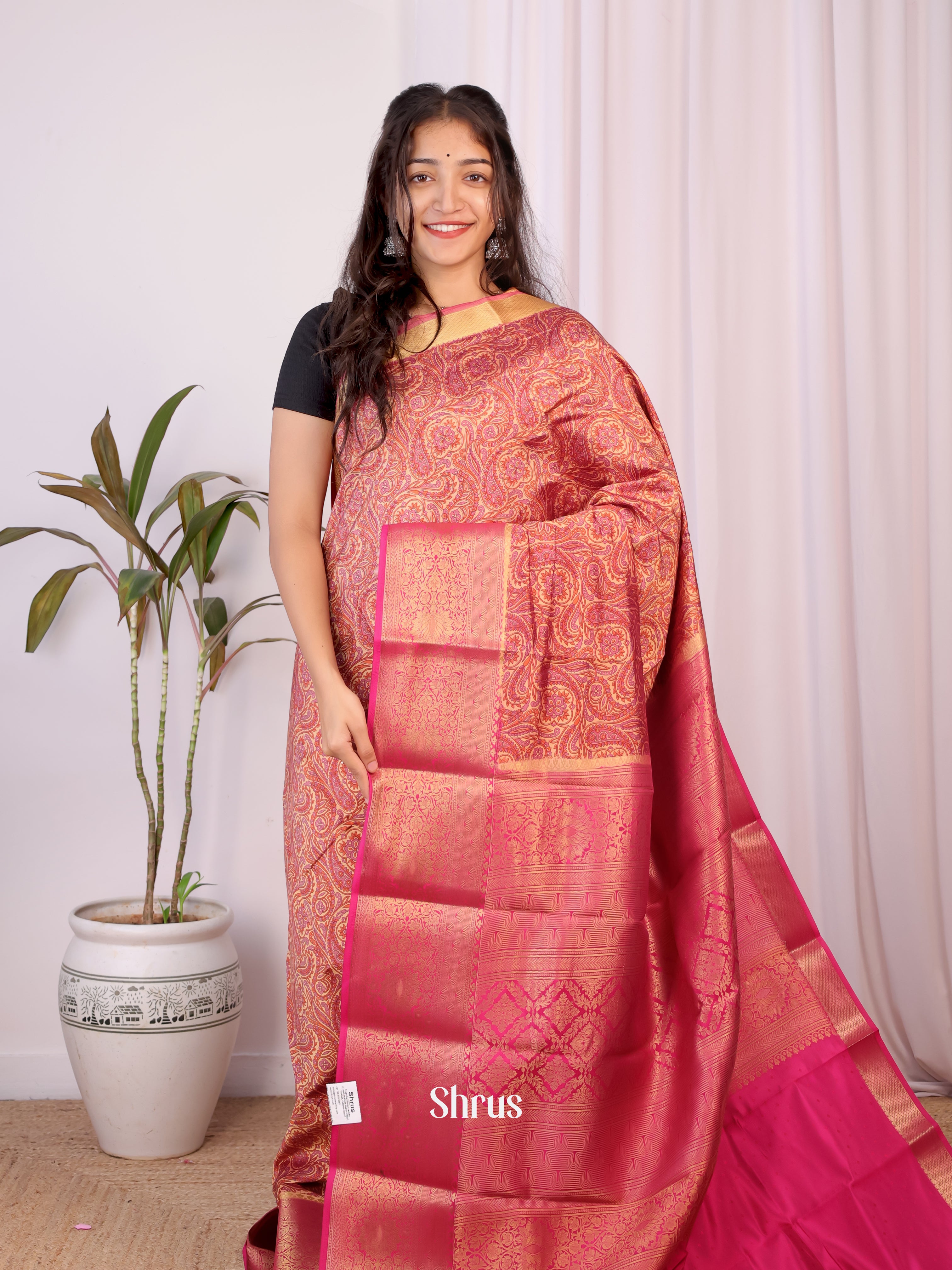 Peach & Pink- Printed Silk Saree - Shop on Shrus.com