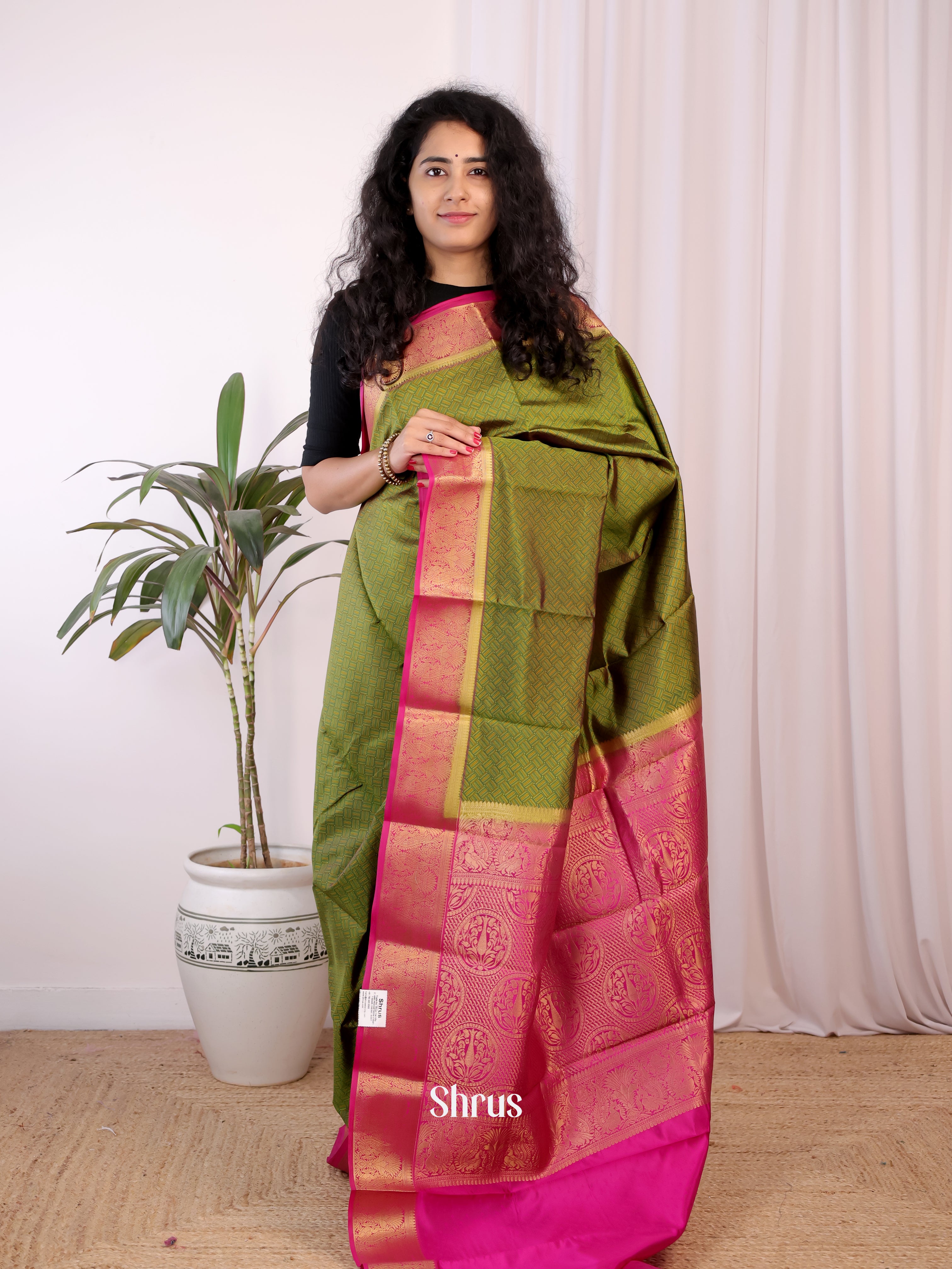 Green & Pink - Printed Silk Saree - Shop on Shrus.com