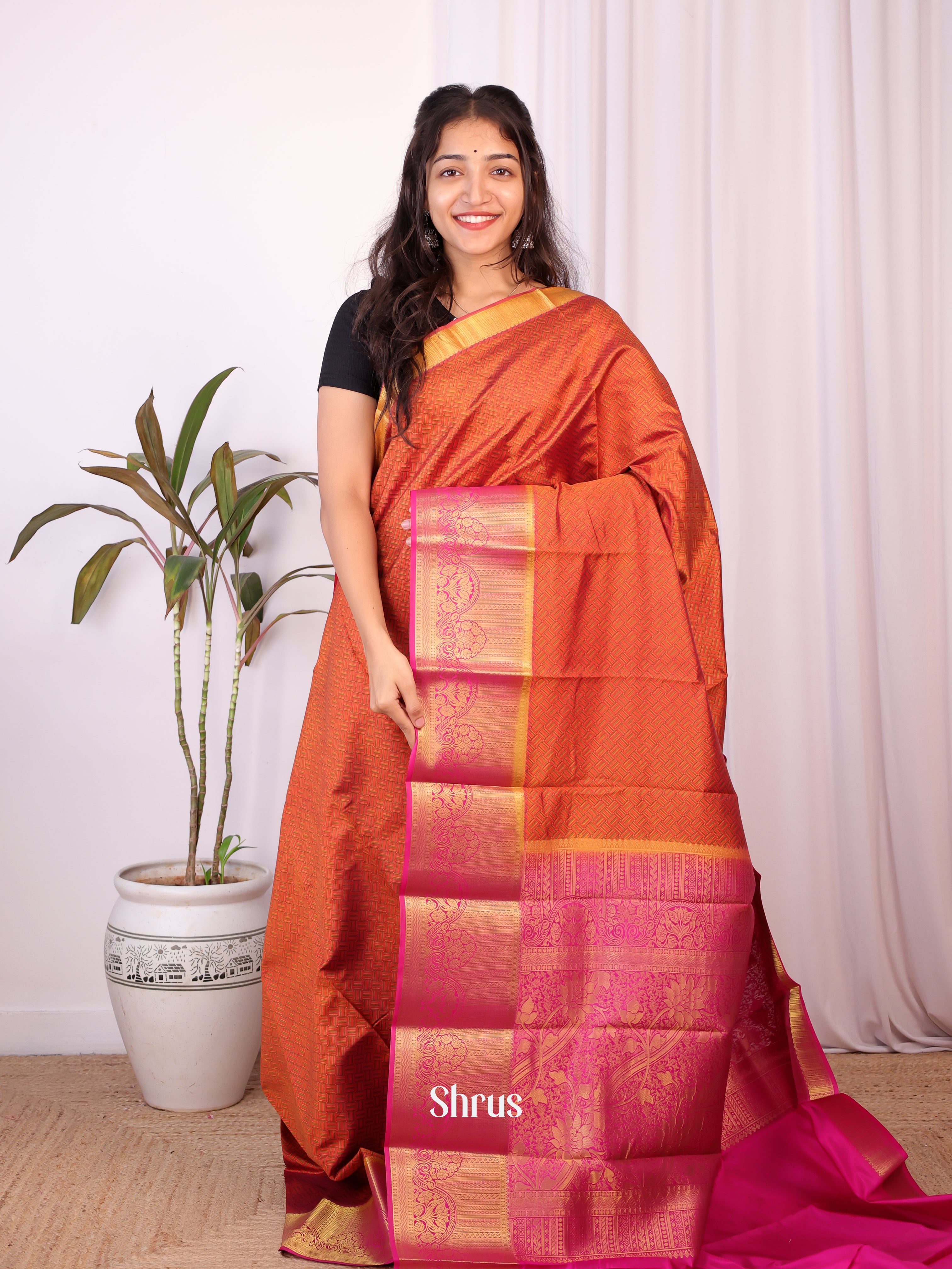 Brick & Pink- Printed Silk Saree - Shop on Shrus.com